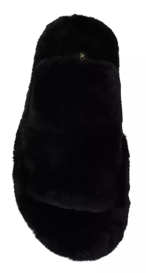 Dolce & Gabbana Black Polyester Faux Fur Mens Flats Sandals Shoes Dolce & Gabbana