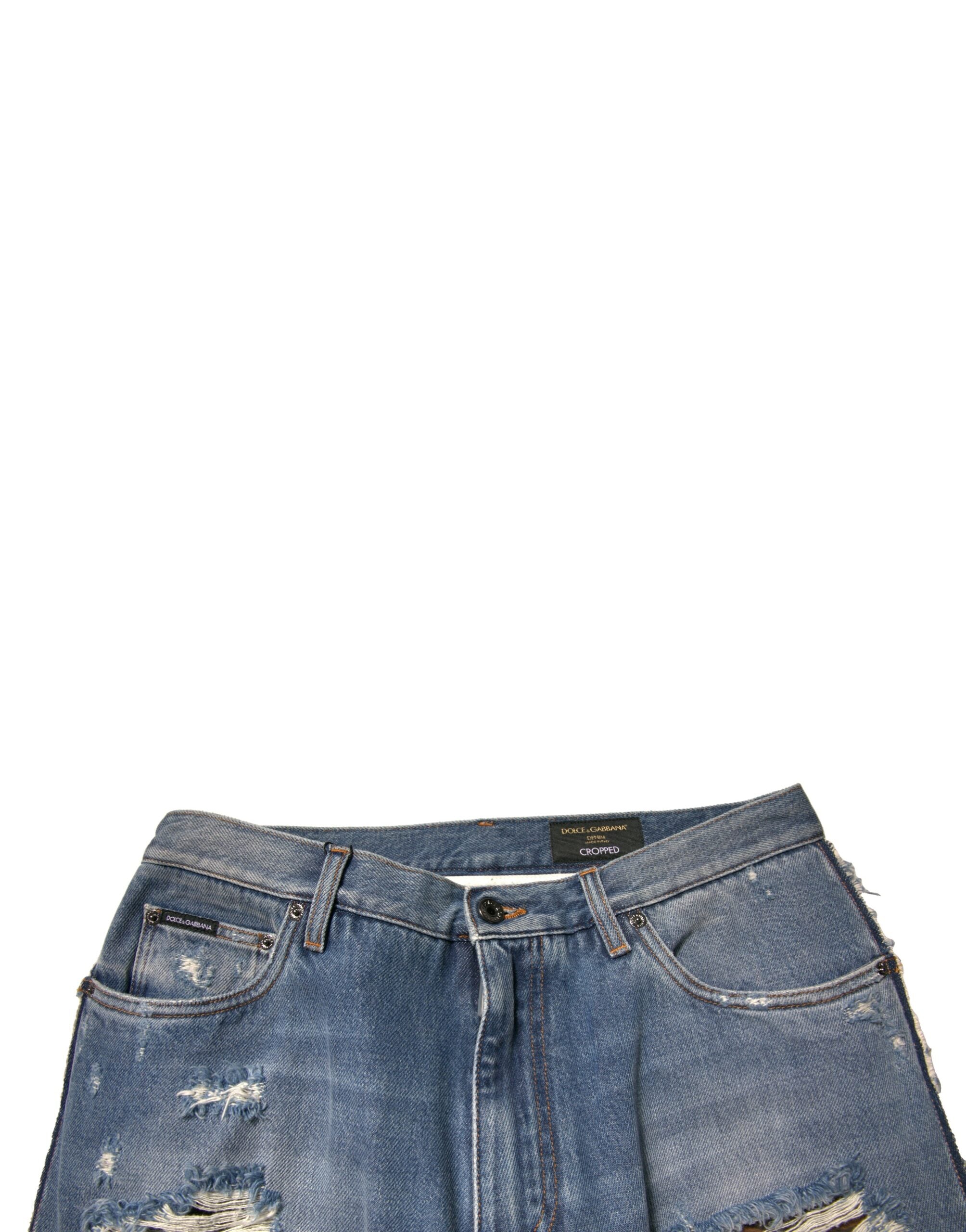 Dolce & Gabbana Blue Tattered Straight Cropped Denim Jeans Dolce & Gabbana