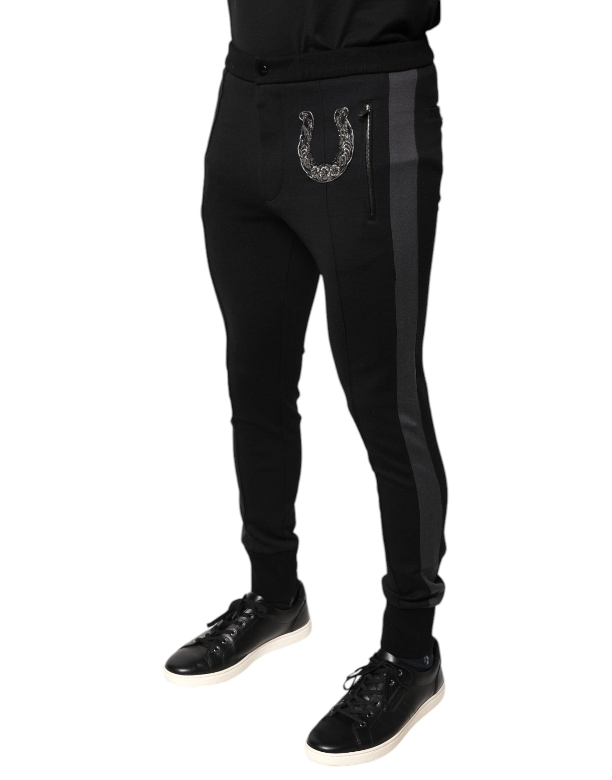 Dolce & Gabbana Black Horseshoe Embellished Wool Slim Fit Pants Dolce & Gabbana