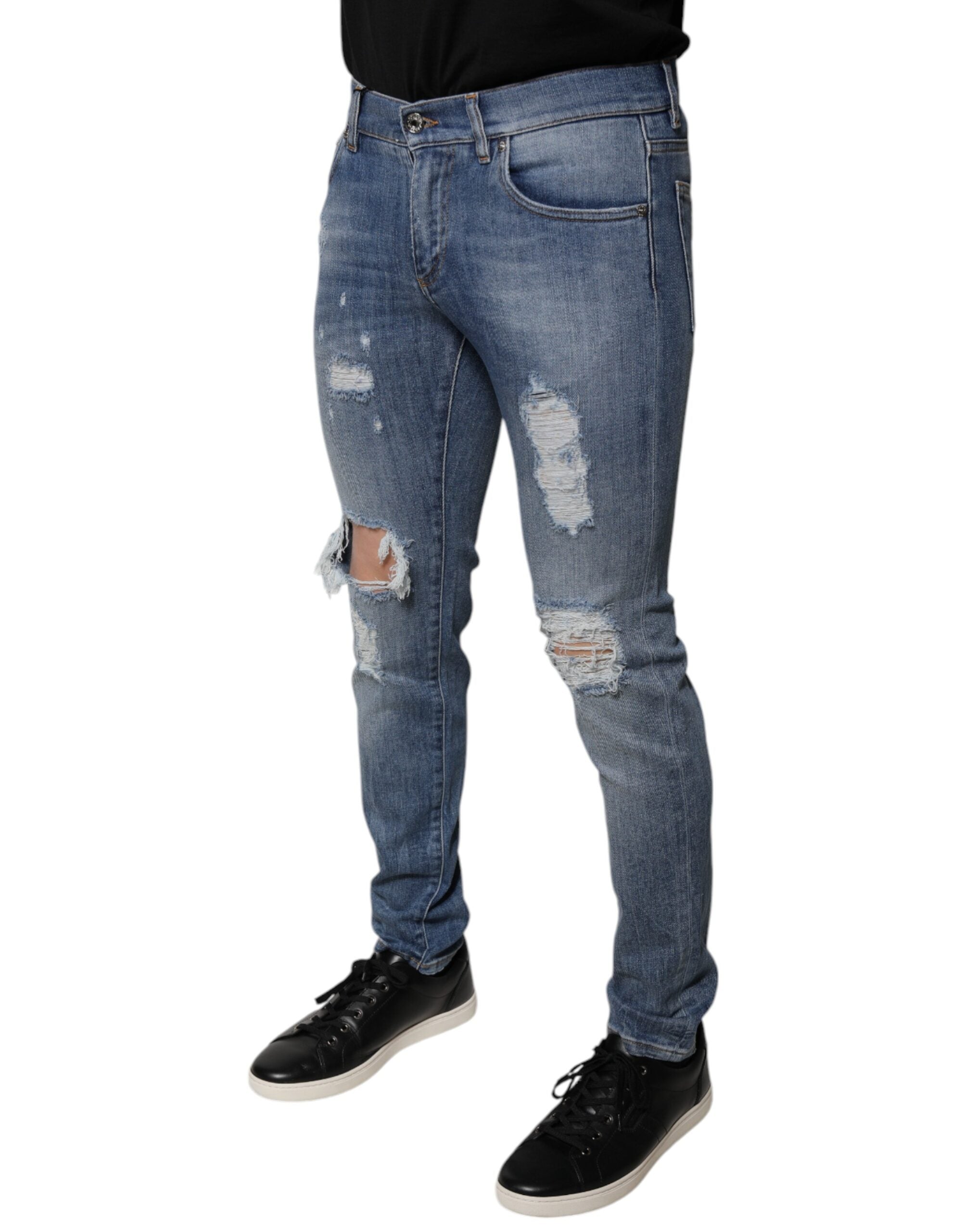Dolce & Gabbana Blue Tattered Cotton Stretch Skinny Denim Jeans Dolce & Gabbana