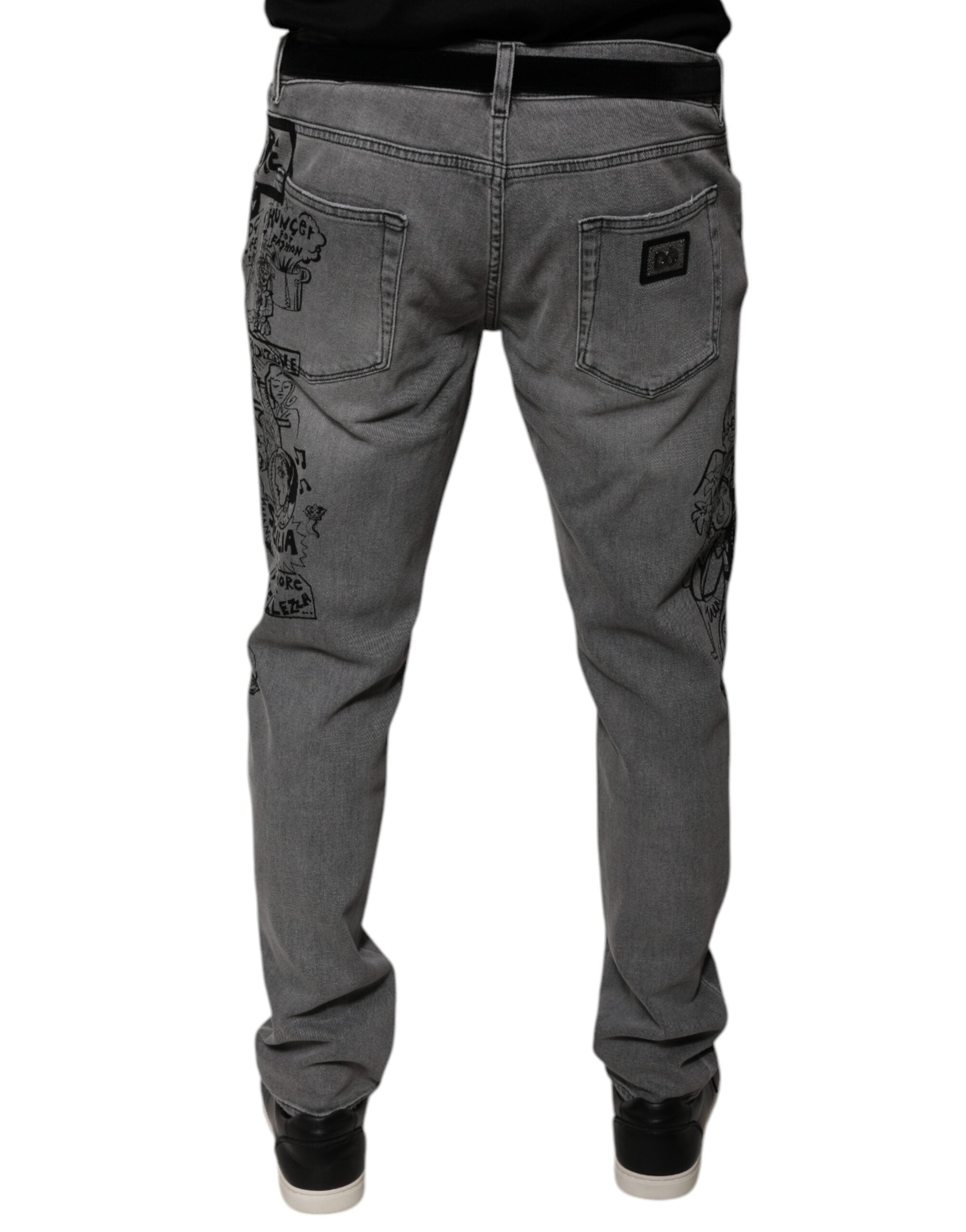 Dolce & Gabbana Gray Graphic Print Cotton Skinny Denim Jeans Dolce & Gabbana