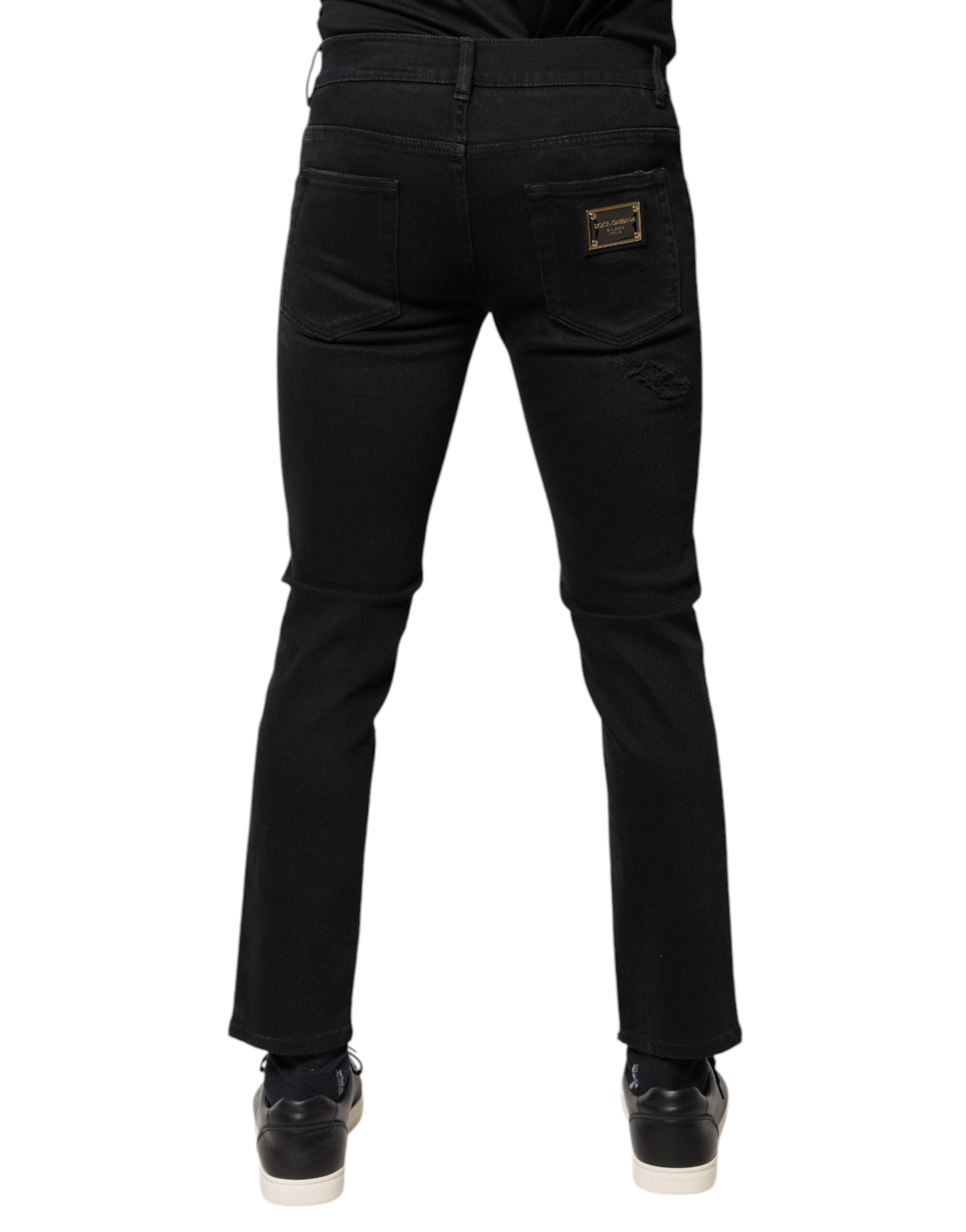 Dolce & Gabbana Black Cotton Tattered Skinny Denim Logo Jeans Dolce & Gabbana