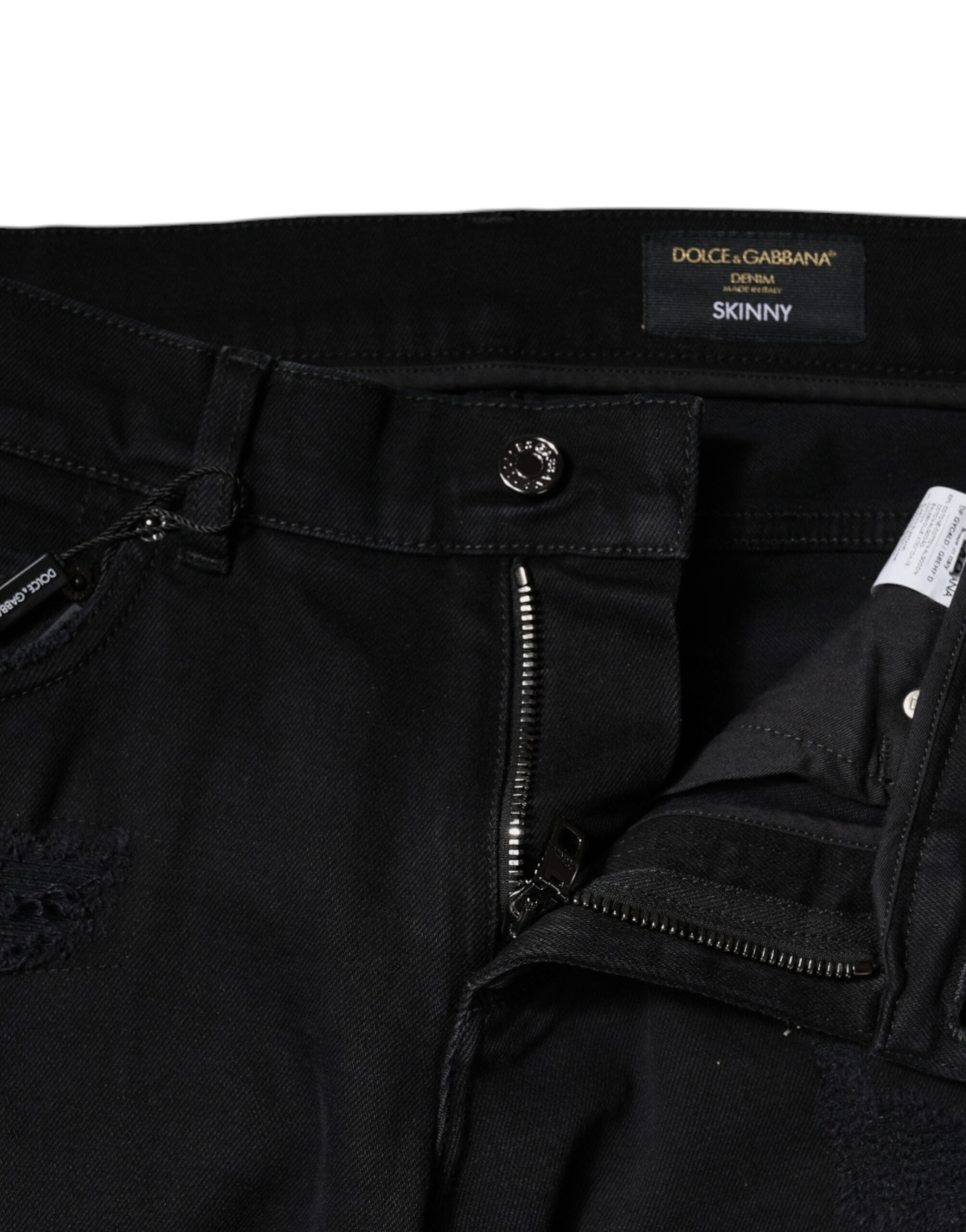 Dolce & Gabbana Black Cotton Tattered Skinny Denim Logo Jeans Dolce & Gabbana