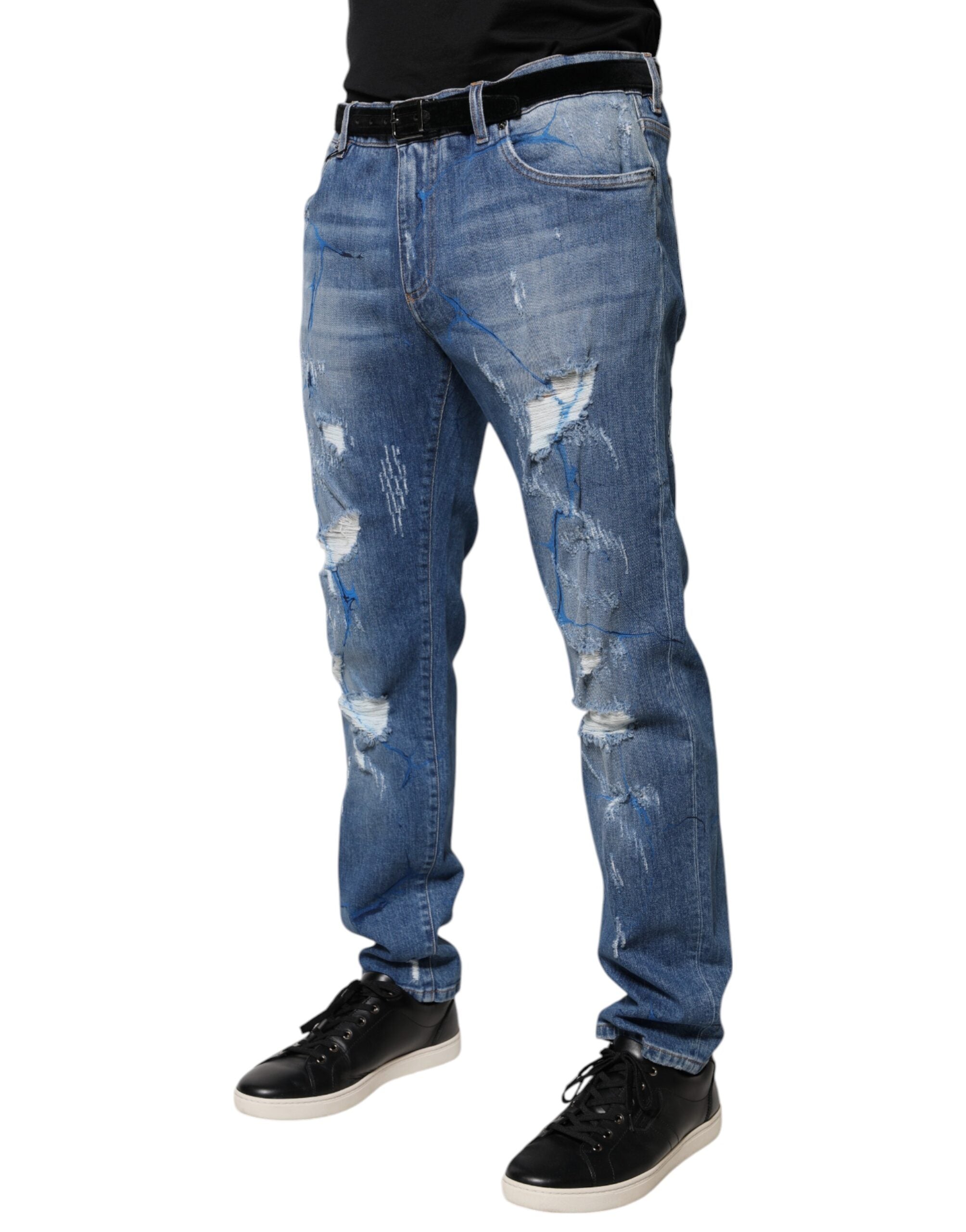 Dolce & Gabbana Blue Cotton Stretch Tattered Skinny Denim Jeans Dolce & Gabbana