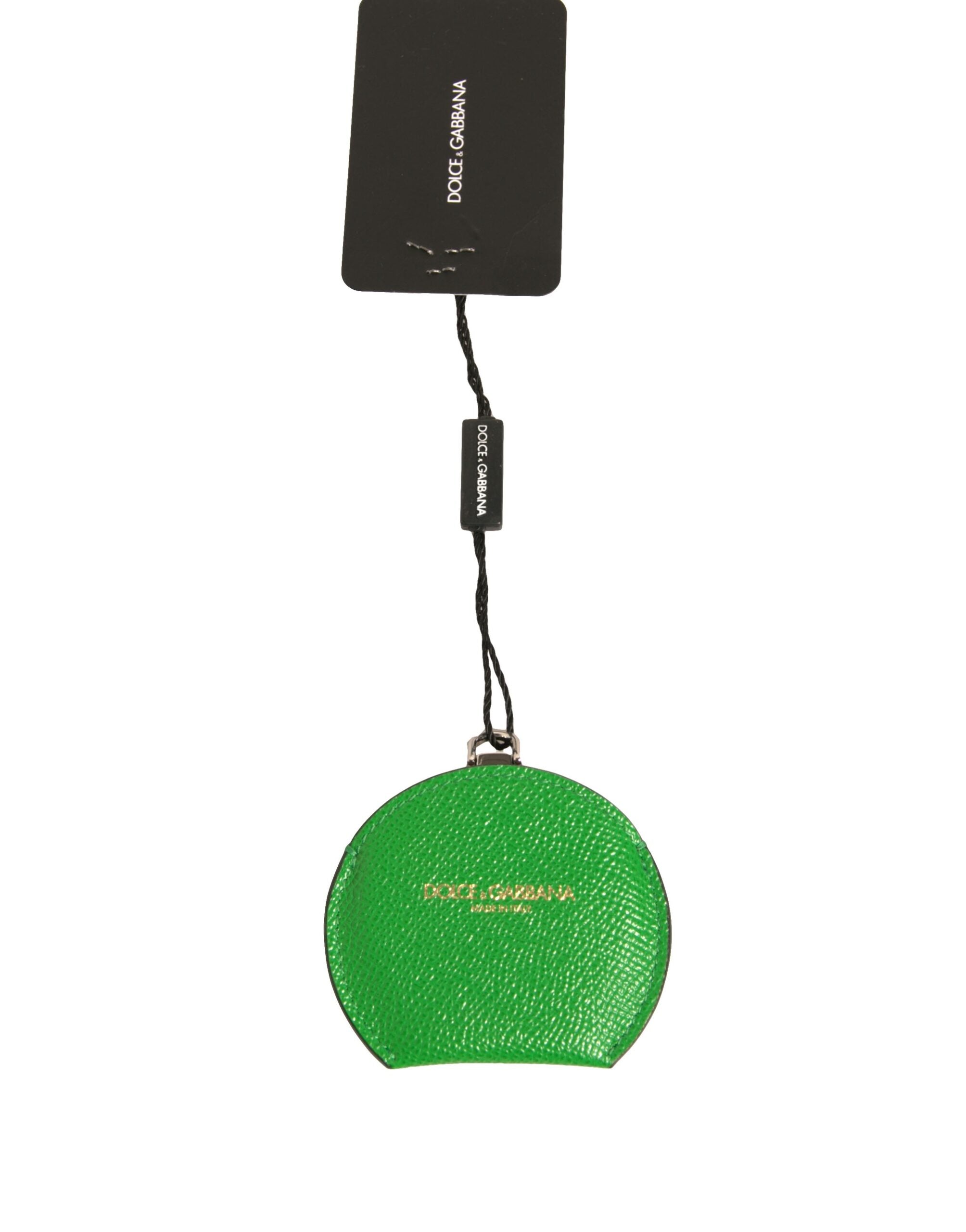 Dolce & Gabbana Green Calfskin Leather Round Logo Hand Mirror Holder Dolce & Gabbana