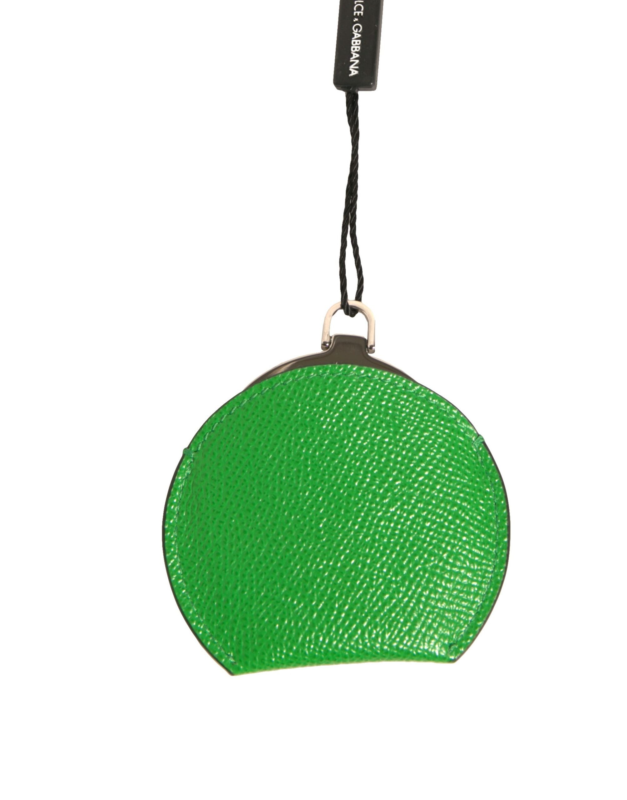 Dolce & Gabbana Green Calfskin Leather Round Logo Hand Mirror Holder Dolce & Gabbana