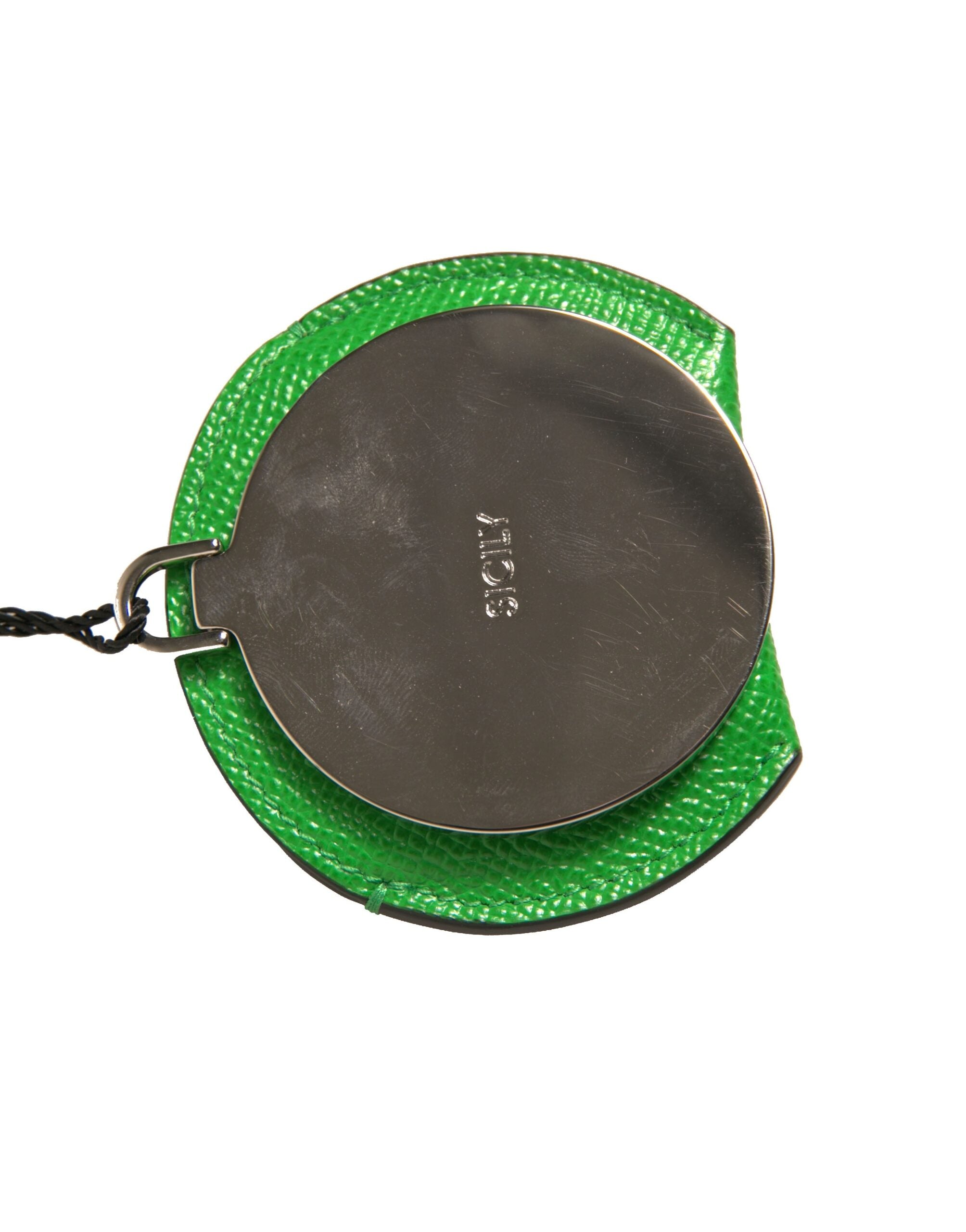 Dolce & Gabbana Green Calfskin Leather Round Logo Hand Mirror Holder Dolce & Gabbana