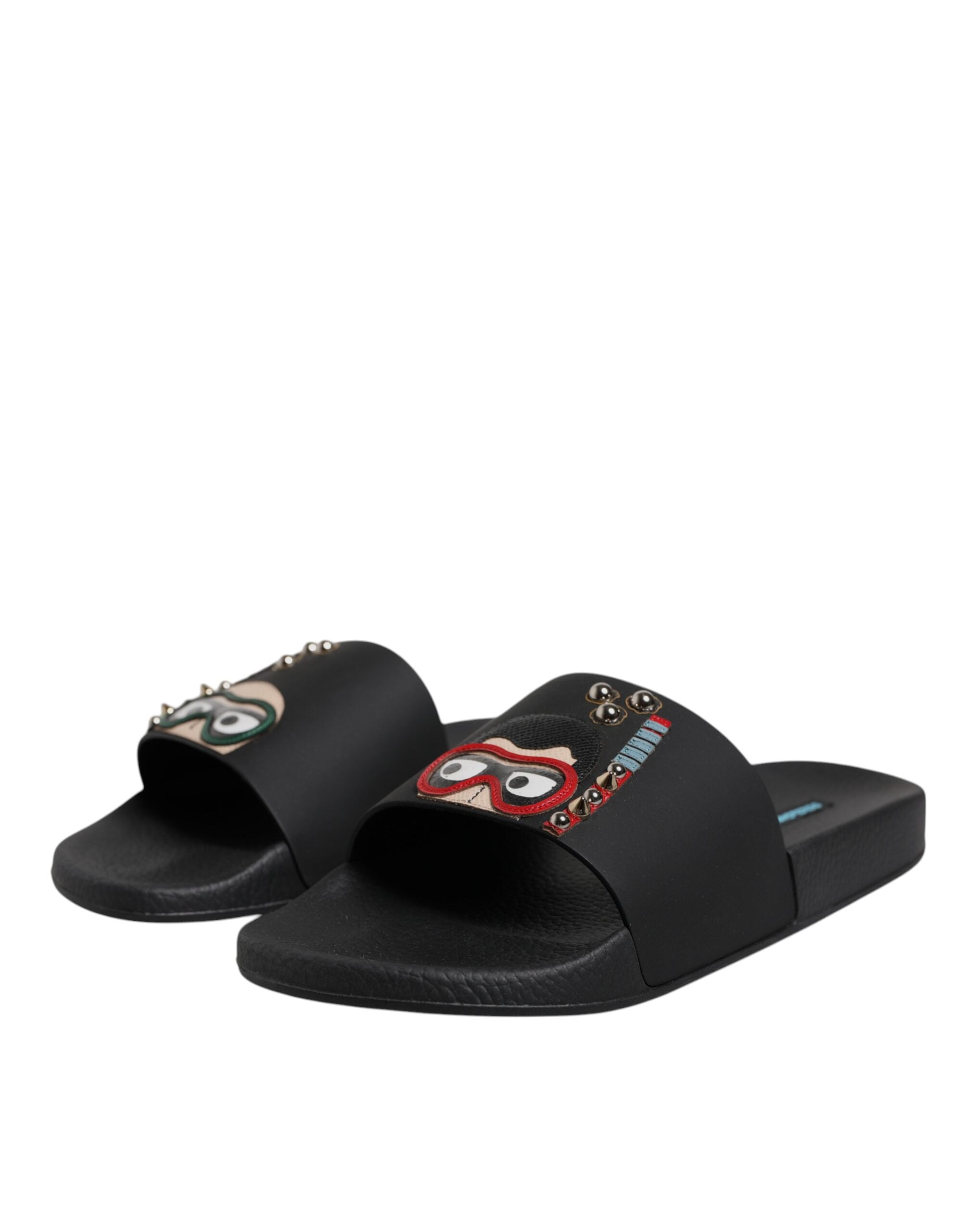 Dolce & Gabbana Black Divers Leather Flats Slides Sandals Beachwear Shoes Dolce & Gabbana