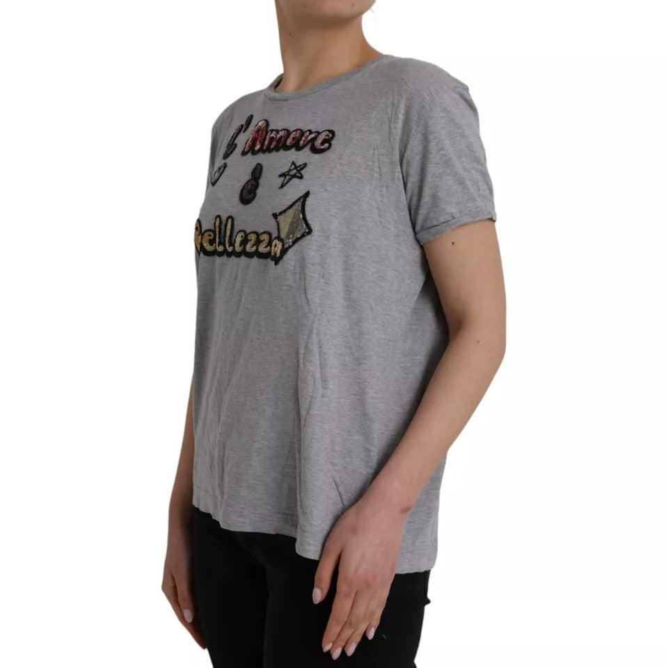 Dolce & Gabbana Gray Cotton L'Amore E'Bellezza Top T-shirt Dolce & Gabbana