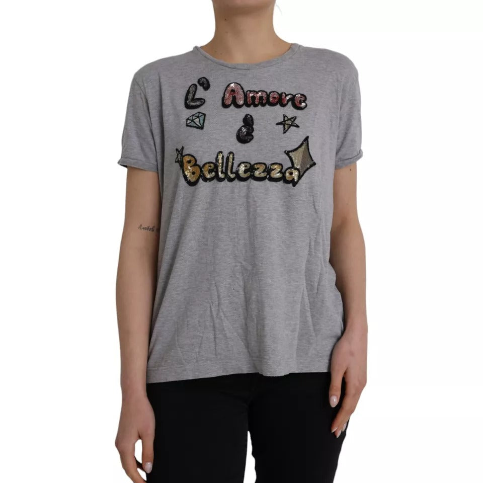 Dolce & Gabbana Gray Cotton L'Amore E'Bellezza Top T-shirt Dolce & Gabbana