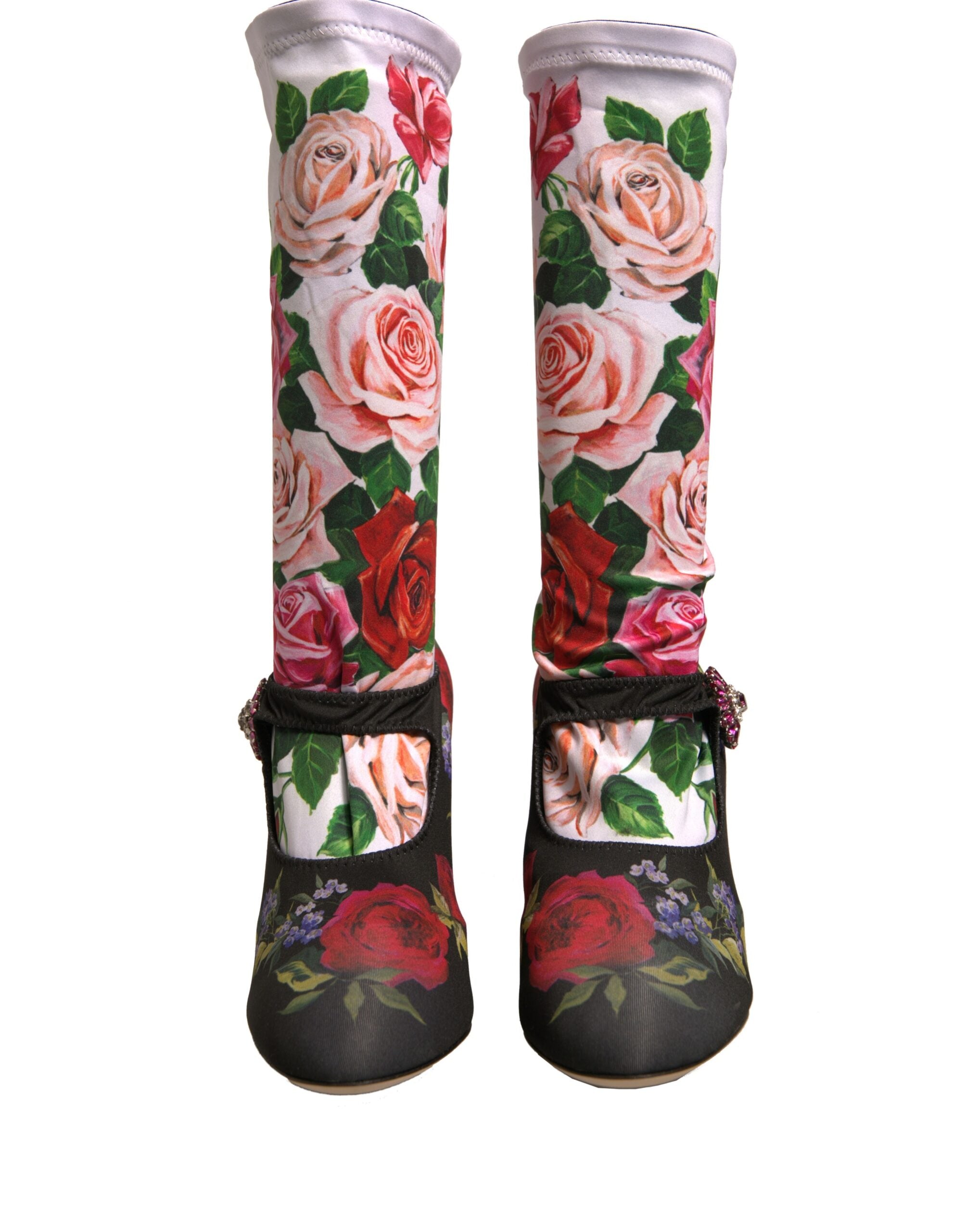 Dolce & Gabbana Black Floral Socks Crystal Boots Jersey Shoes Dolce & Gabbana