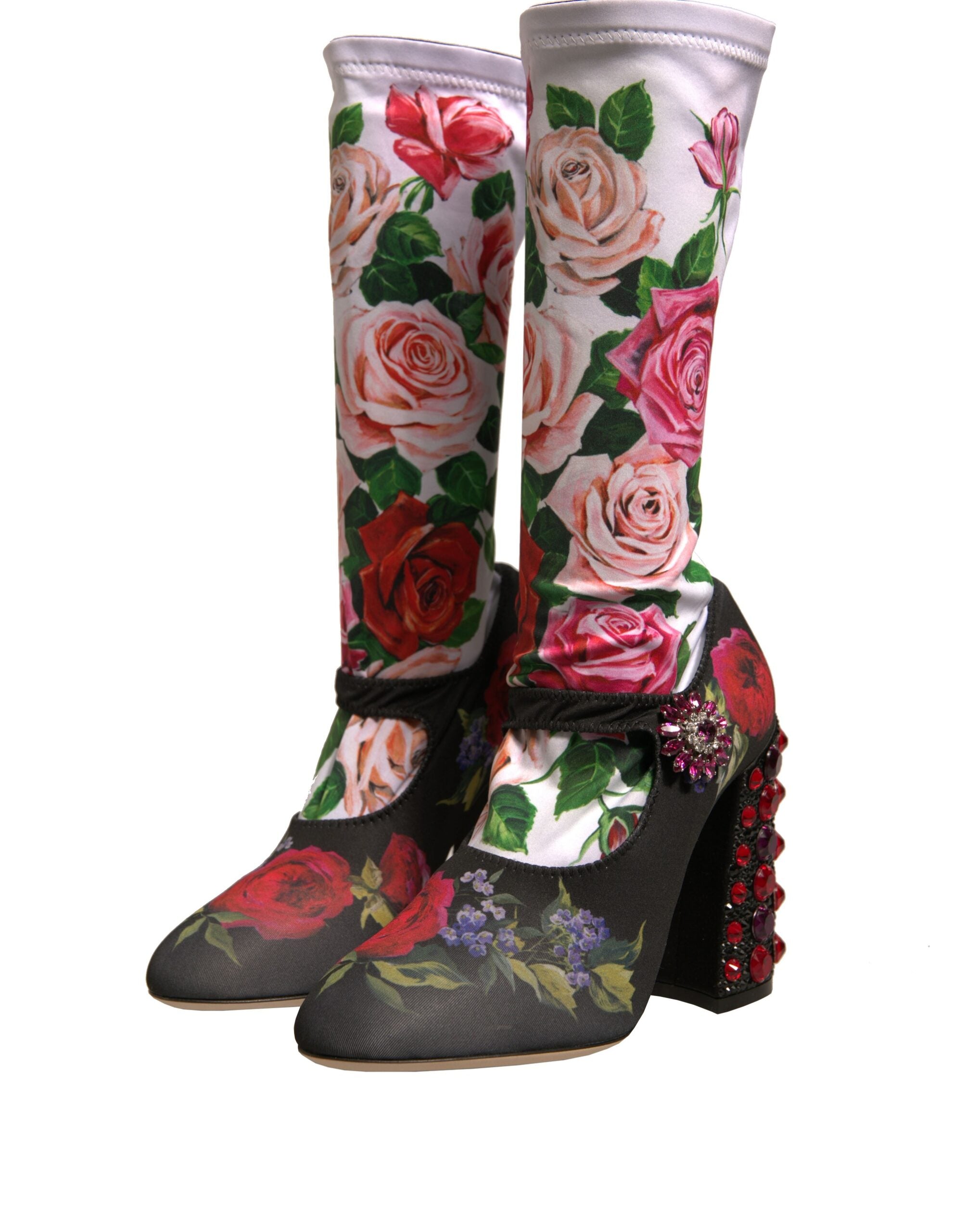 Dolce & Gabbana Black Floral Socks Crystal Boots Jersey Shoes Dolce & Gabbana