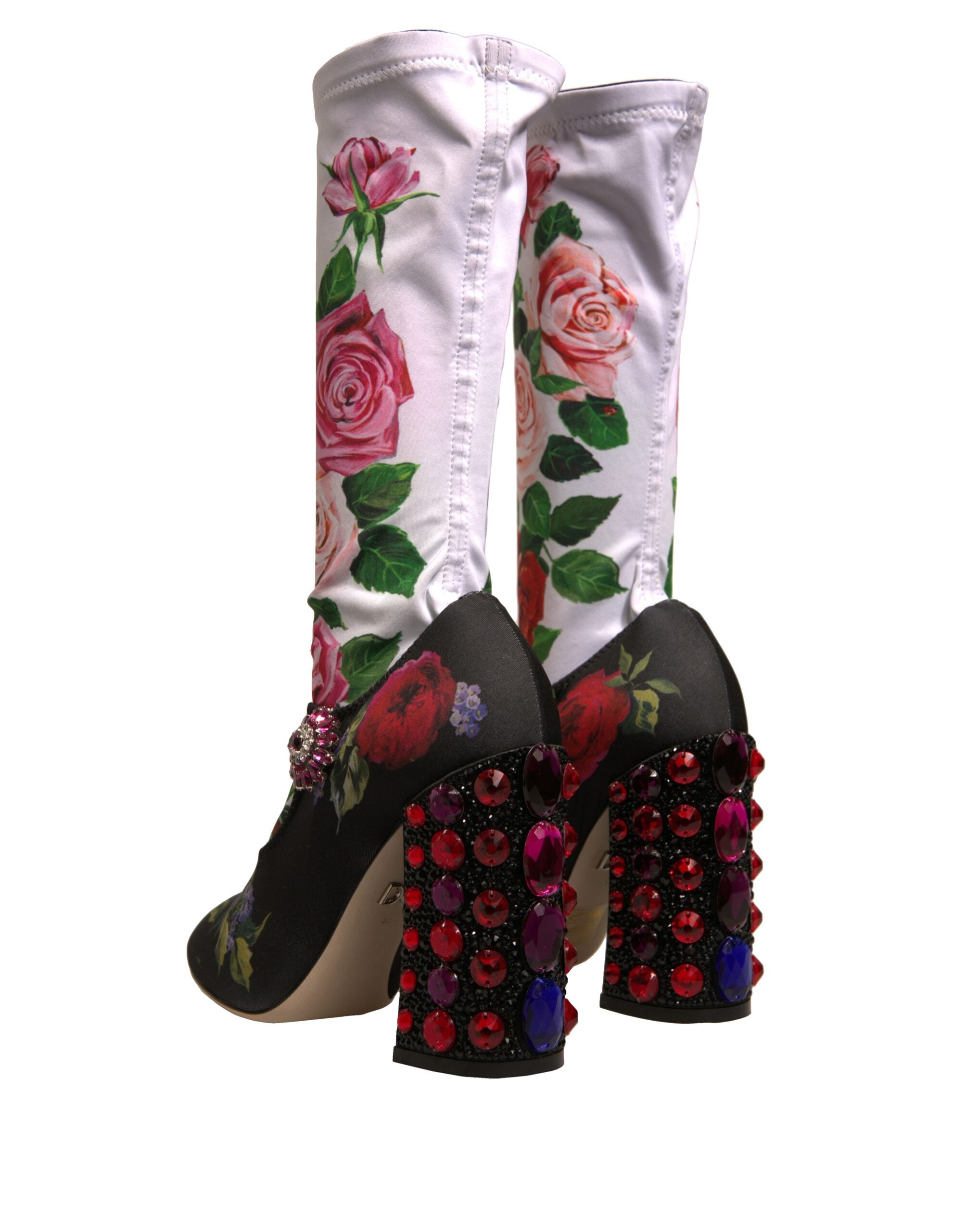 Dolce & Gabbana Black Floral Socks Crystal Boots Jersey Shoes Dolce & Gabbana