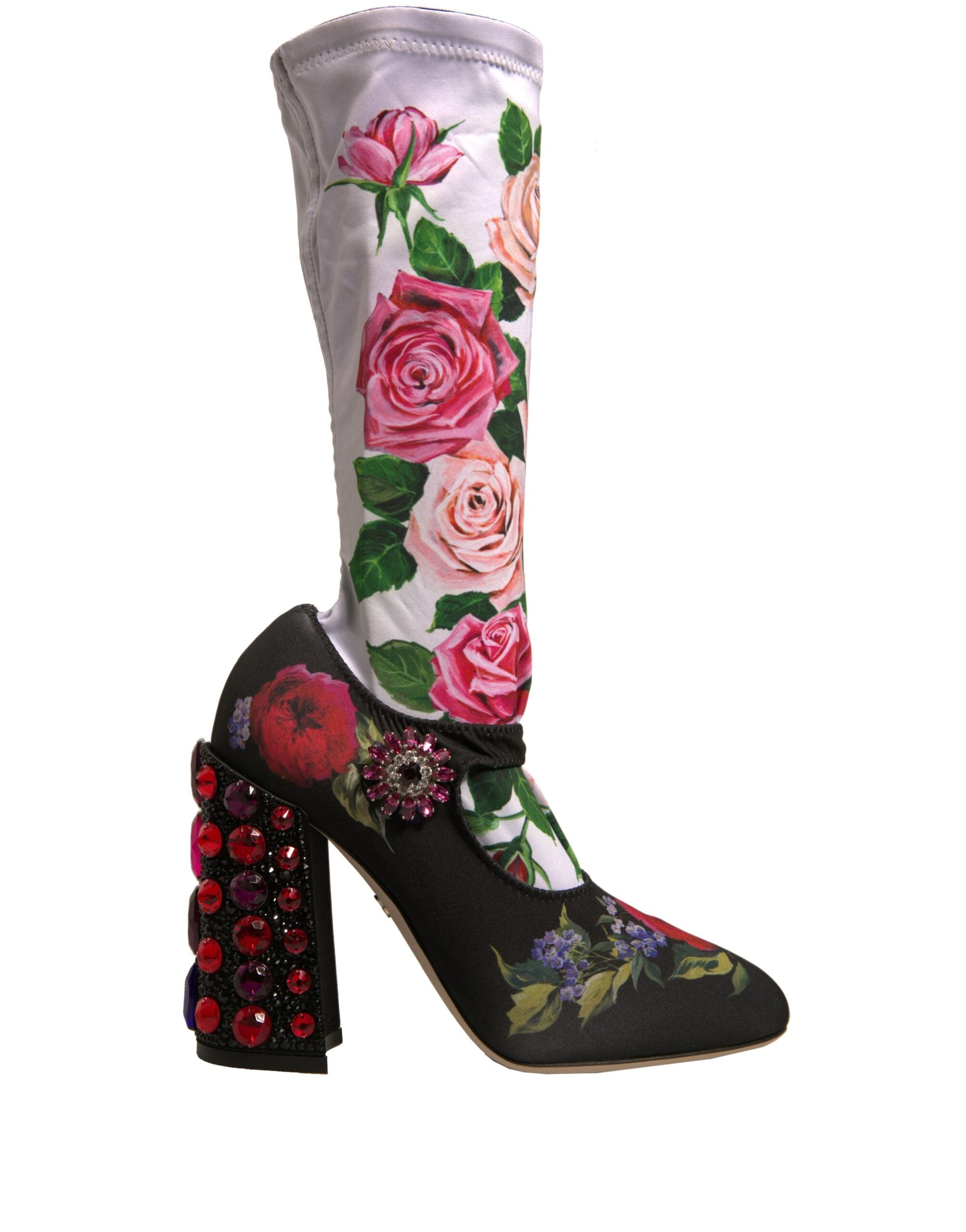 Dolce & Gabbana Black Floral Socks Crystal Boots Jersey Shoes Dolce & Gabbana