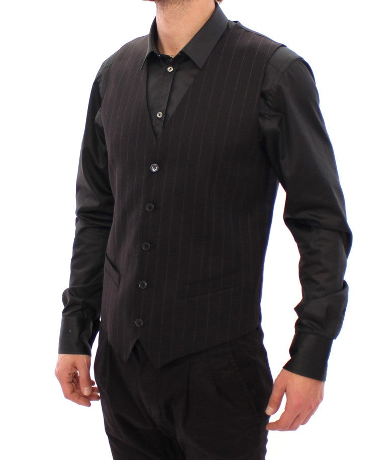 Dolce & Gabbana Black Striped Wool Logo Vest Dolce & Gabbana