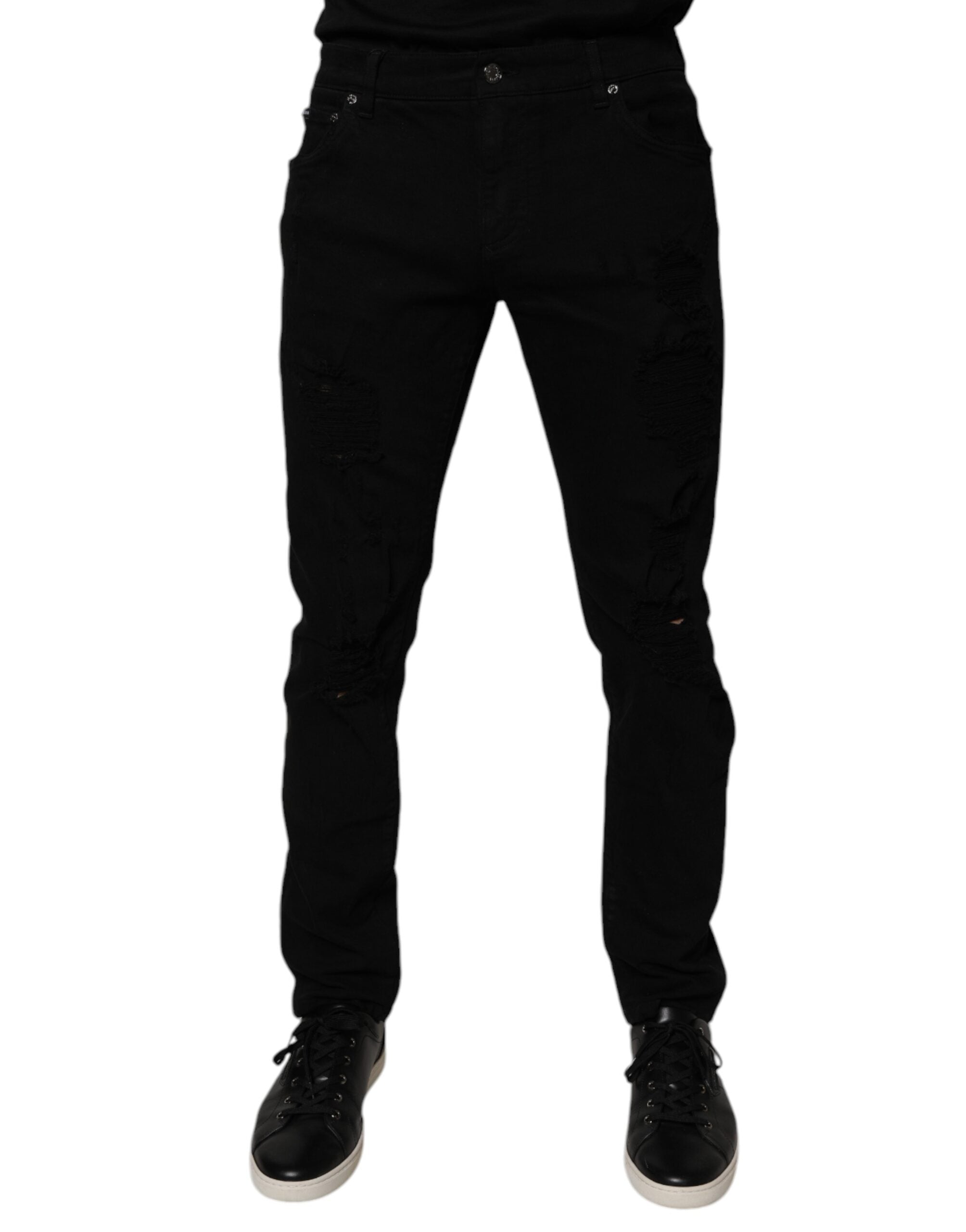 Dolce & Gabbana Black Tattered Cotton Skinny Men Denim Jeans Dolce & Gabbana
