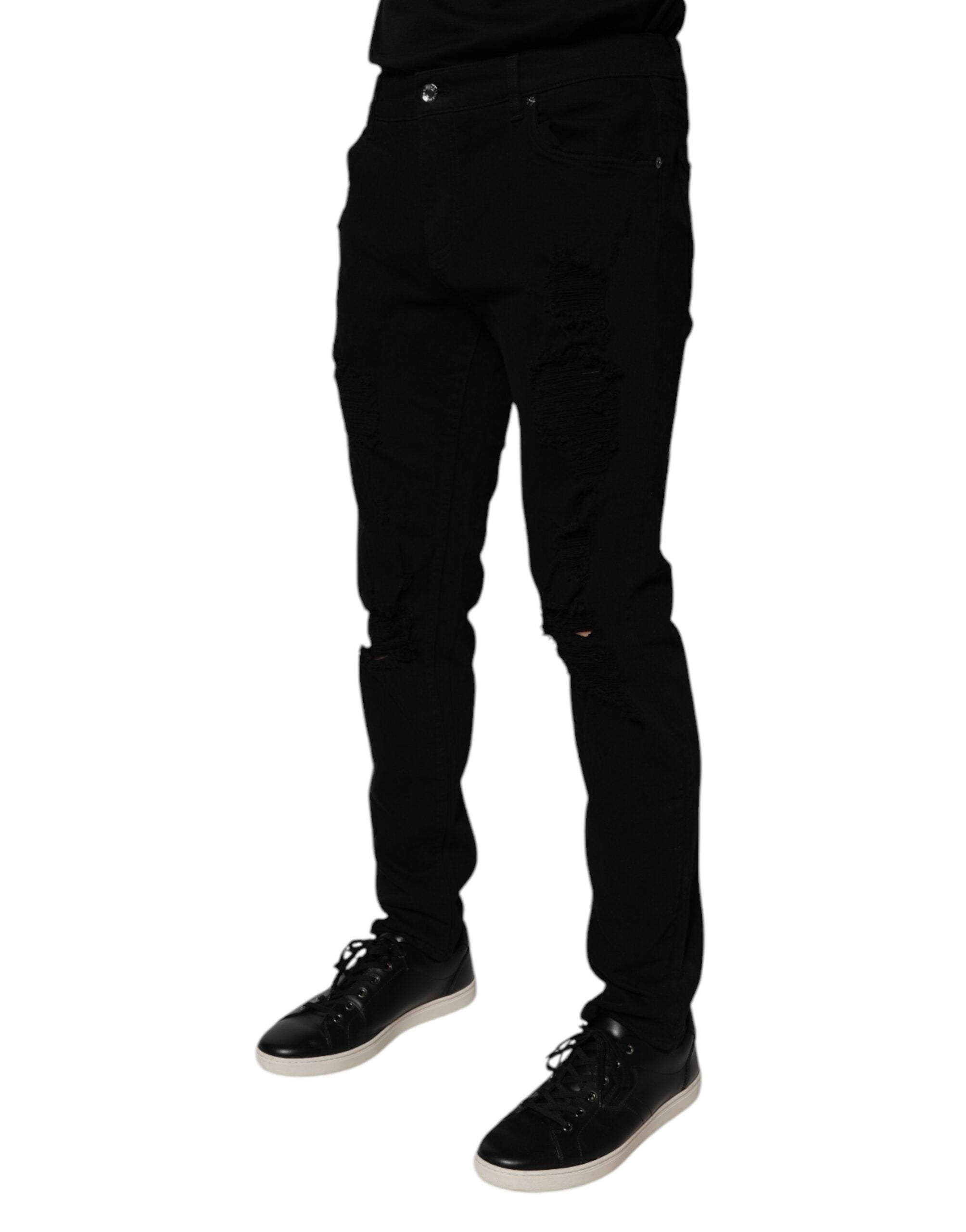 Dolce & Gabbana Black Tattered Cotton Skinny Men Denim Jeans Dolce & Gabbana