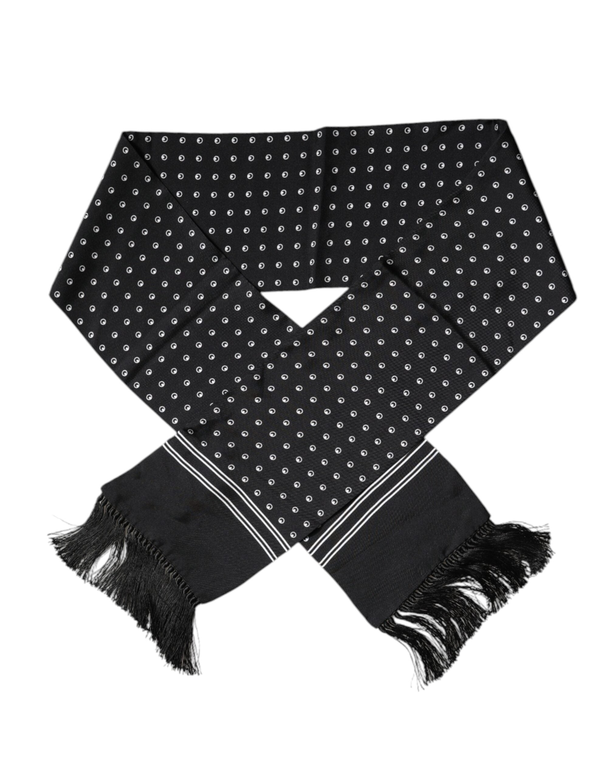 Dolce & Gabbana Black White Polka Dotted Silk Skinny Fringes Scarf Dolce & Gabbana