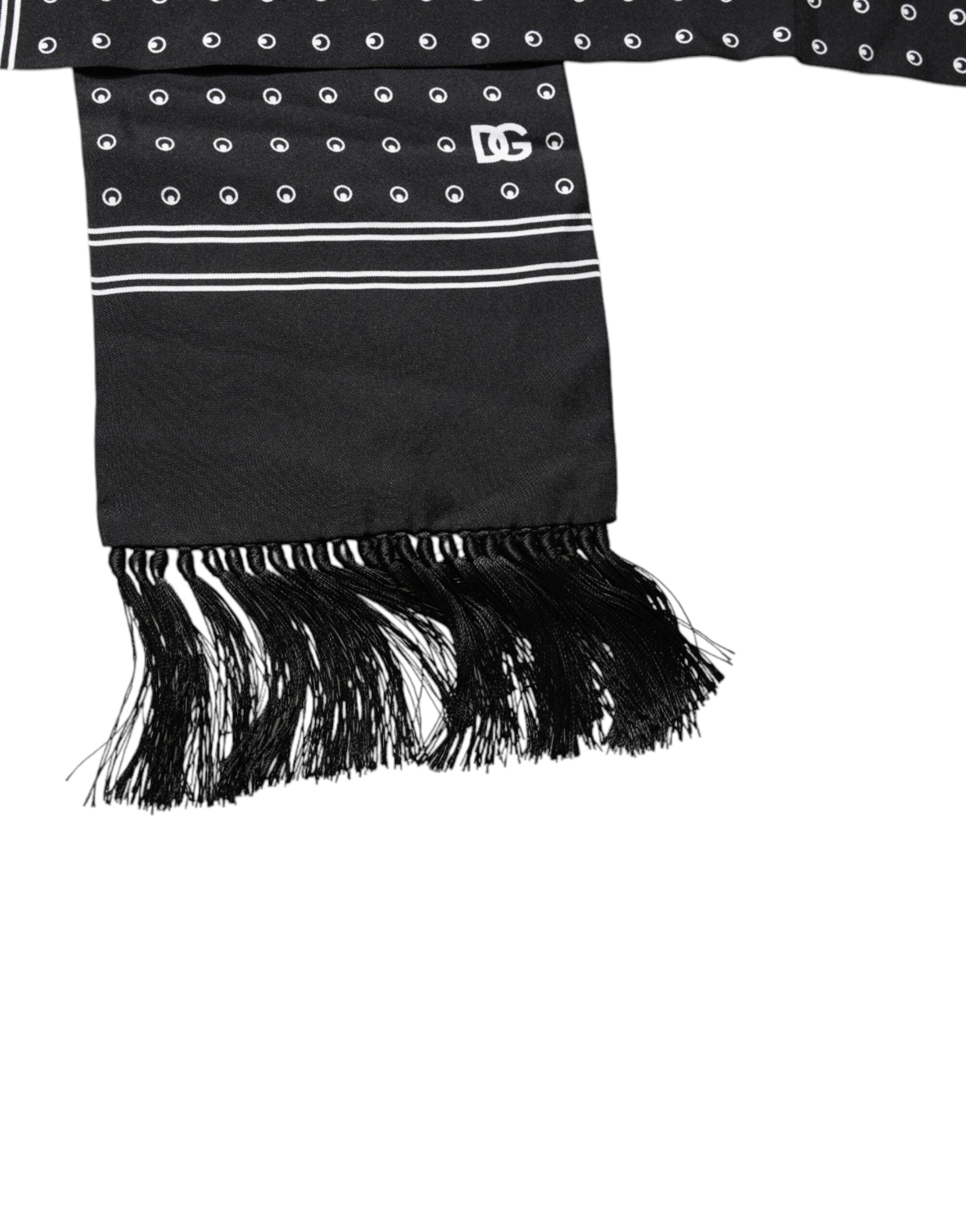 Dolce & Gabbana Black White Polka Dotted Silk Skinny Fringes Scarf Dolce & Gabbana