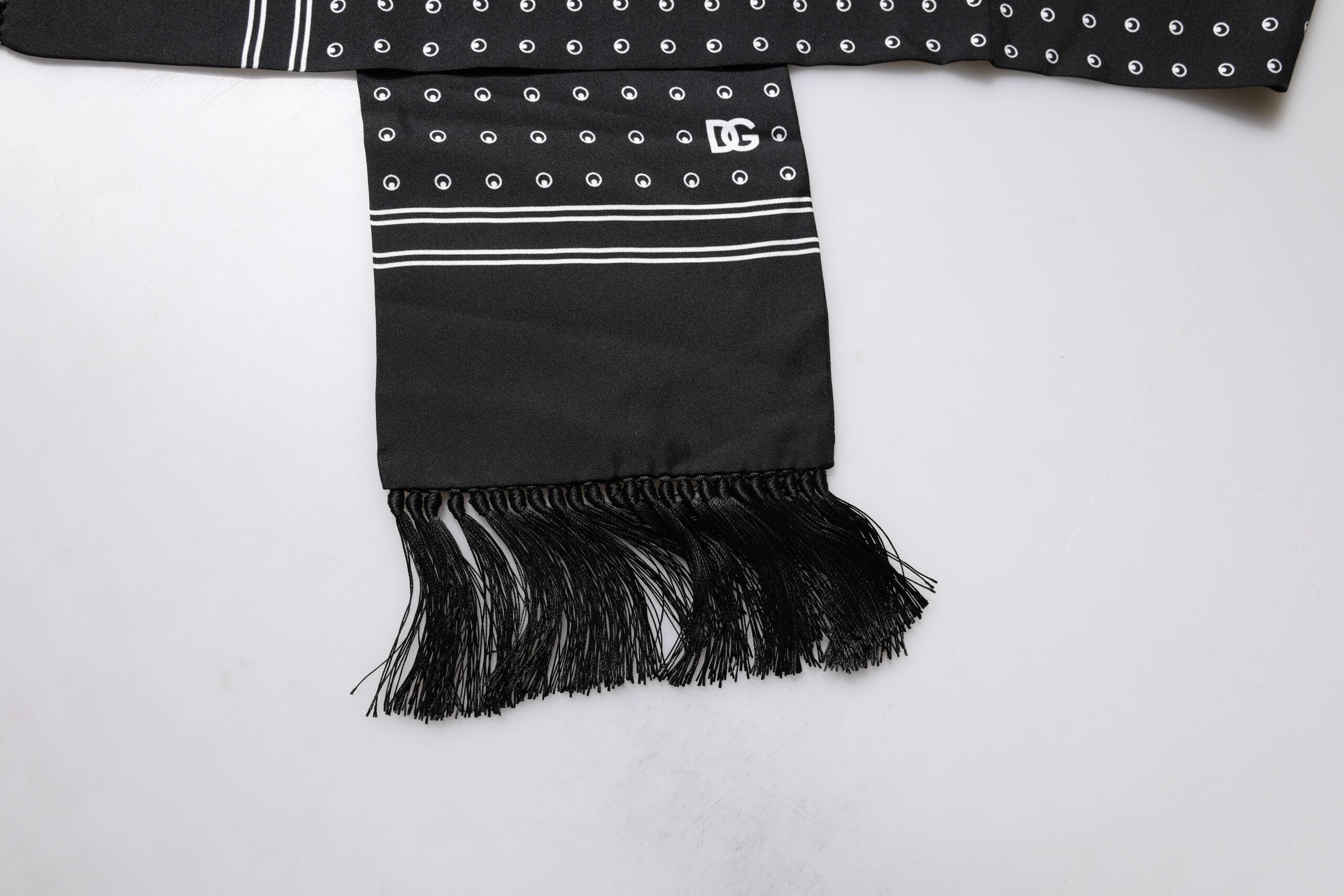 Dolce & Gabbana Black White Polka Dotted Silk Skinny Fringes Scarf Dolce & Gabbana