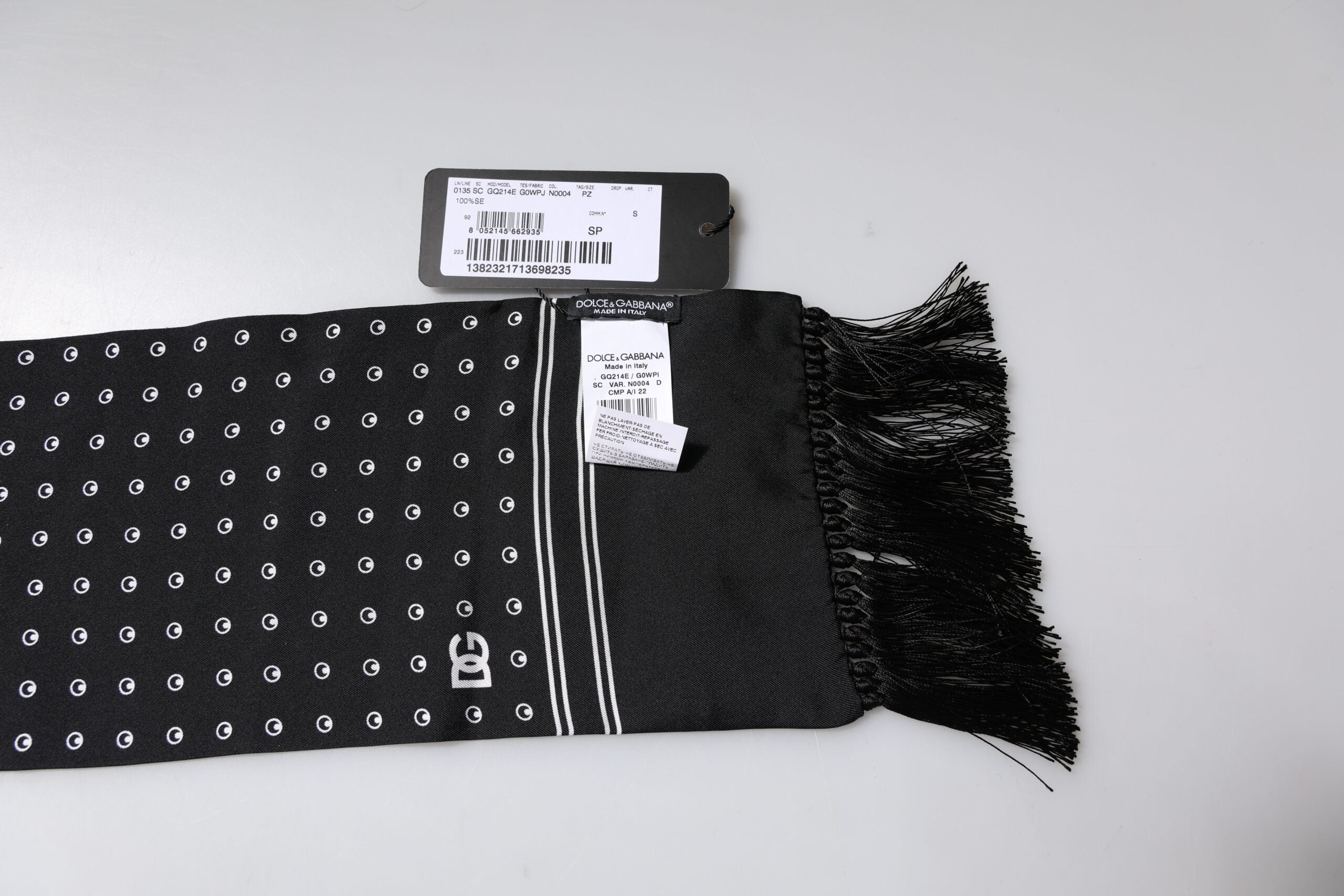 Dolce & Gabbana Black White Polka Dotted Silk Skinny Fringes Scarf Dolce & Gabbana