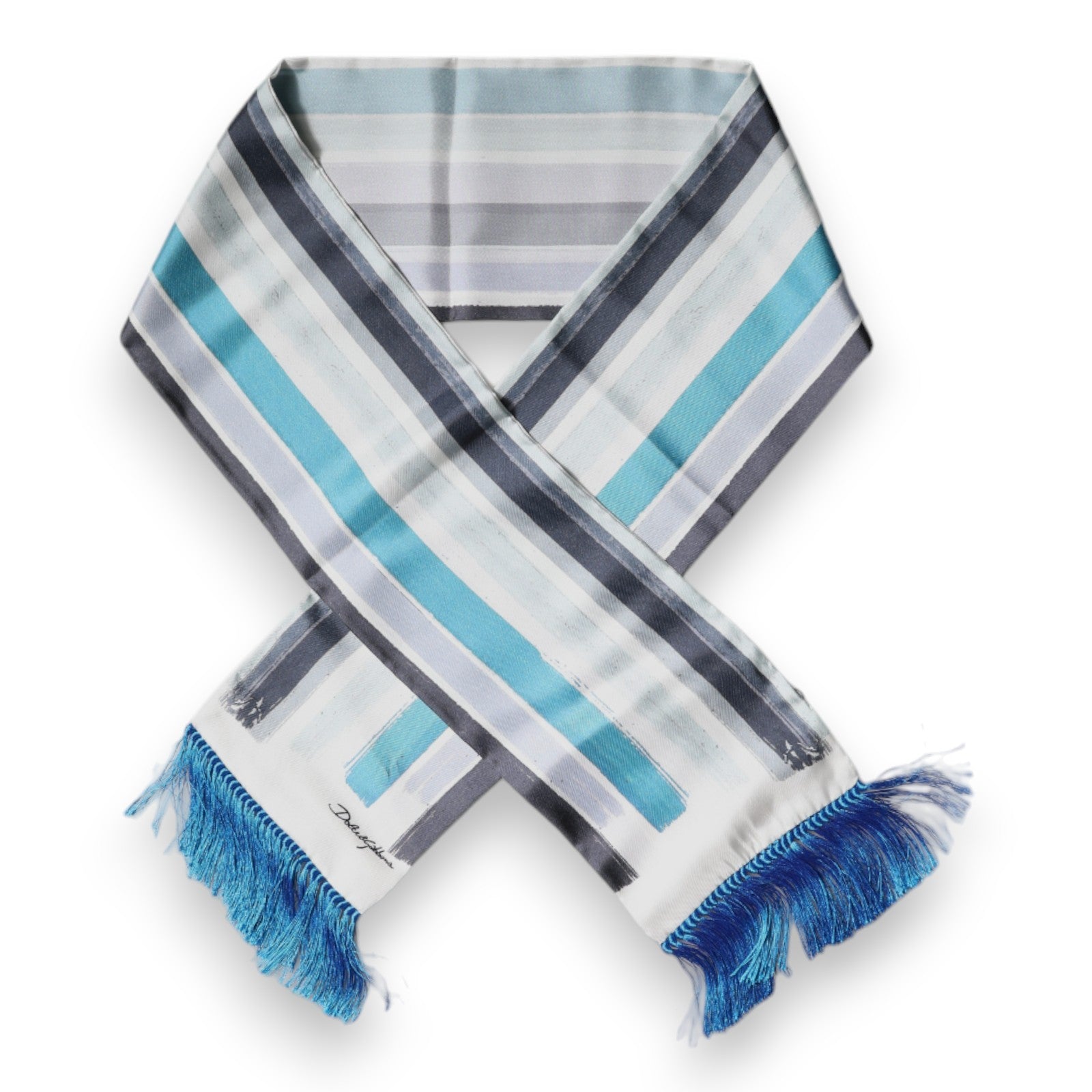 Dolce & Gabbana White Blue Stripes Silk Fringes Wrap Scarf Dolce & Gabbana