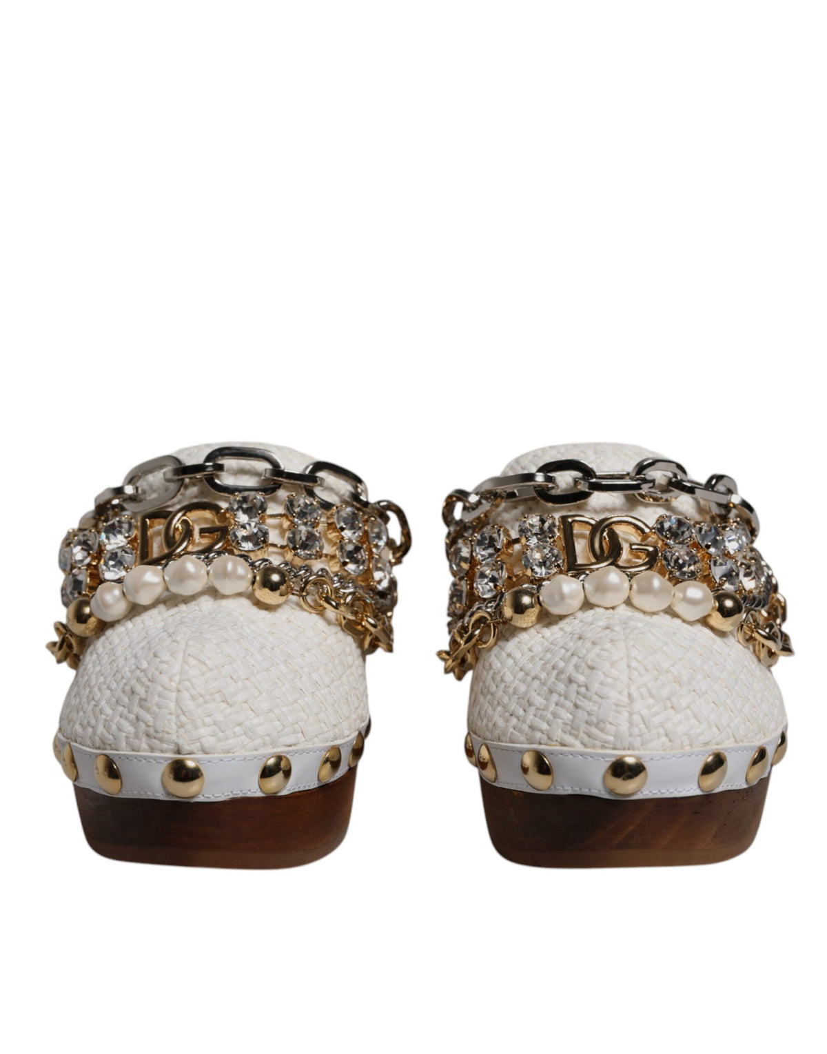 Dolce & Gabbana White Raffia Clogs Bejeweled Chain Sandals Shoes