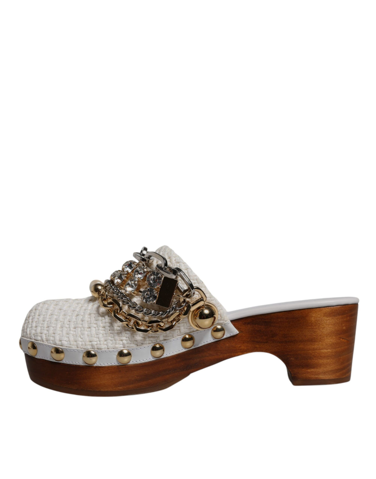 Dolce & Gabbana White Raffia Clogs Bejeweled Chain Sandals Shoes