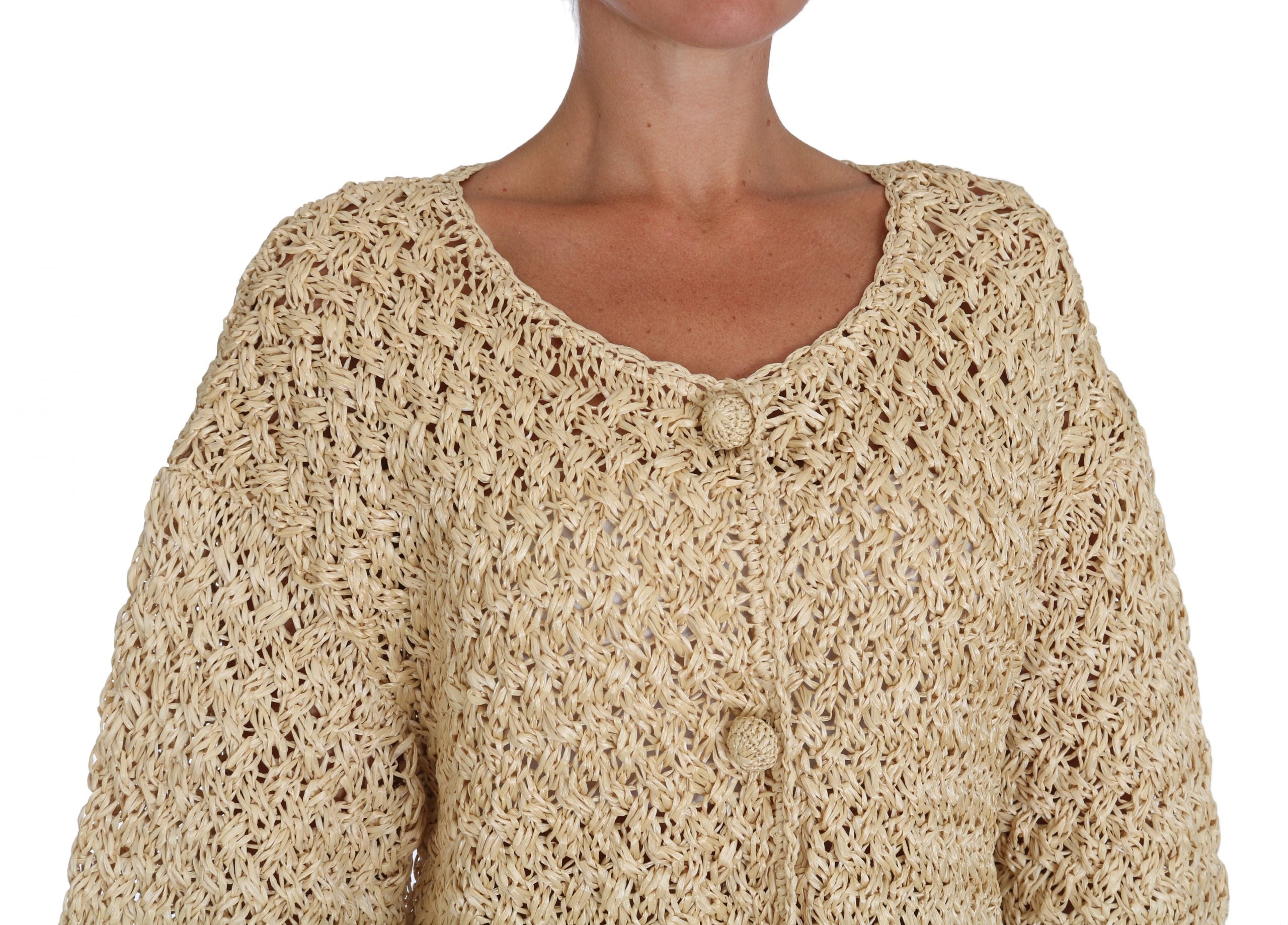 Dolce & Gabbana Beige Cardigan Crochet Knitted Raffia Sweater Dolce & Gabbana