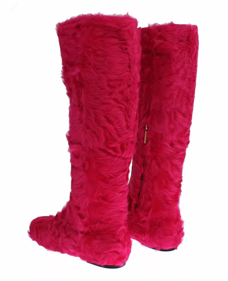 Dolce & Gabbana Pink Lamb Fur Leather Flat Boots Shoes Dolce & Gabbana