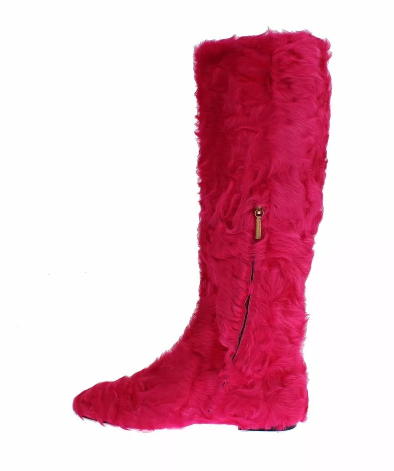 Dolce & Gabbana Pink Lamb Fur Leather Flat Boots Shoes Dolce & Gabbana