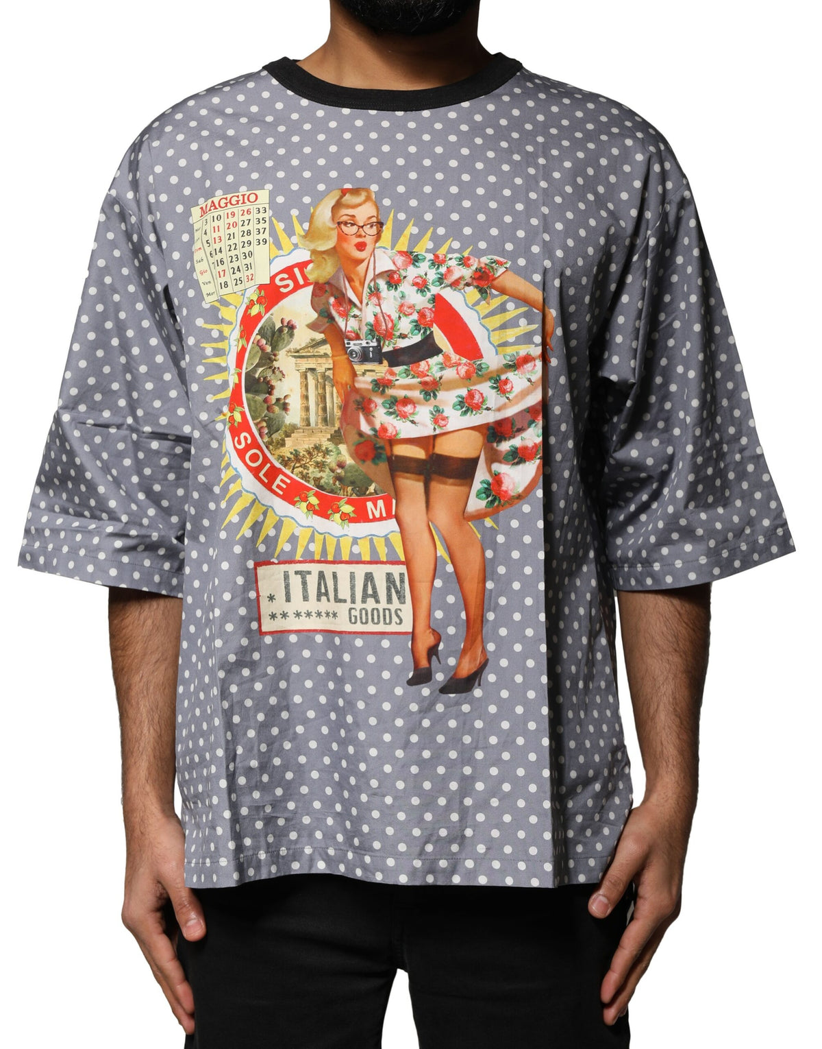 Dolce & Gabbana Gray Polka Dot Pin-Up Print Crew Neck T-shirt