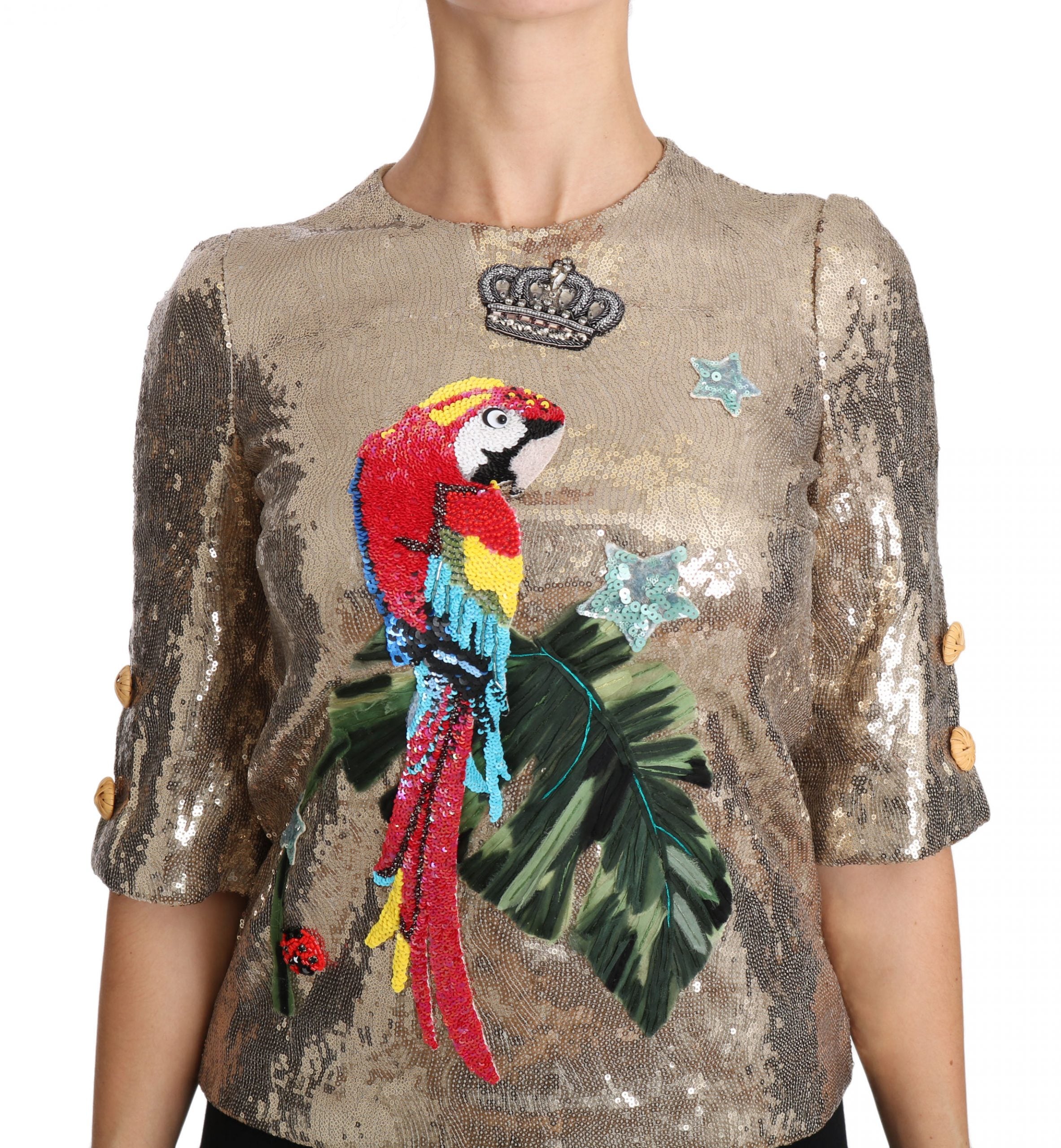 Dolce & Gabbana Gold Sequined Parrot Crystal Blouse Dolce & Gabbana