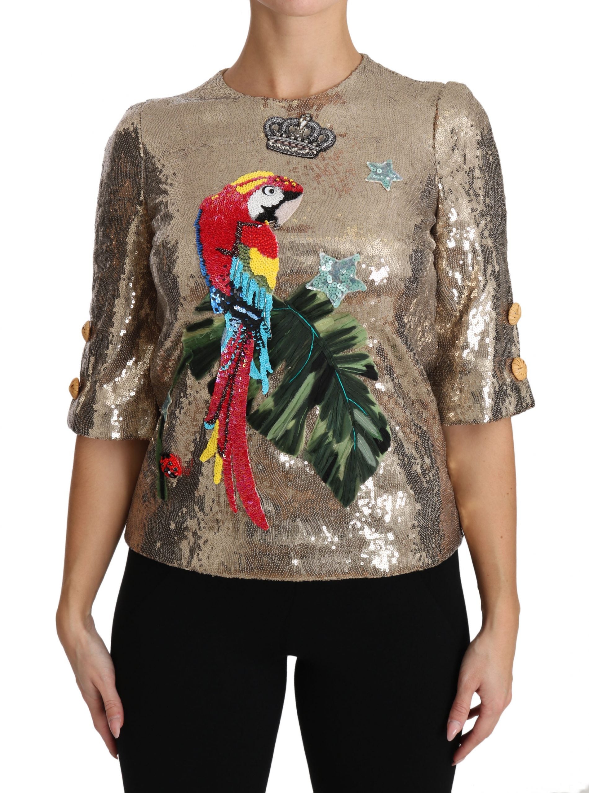 Dolce & Gabbana Gold Sequined Parrot Crystal Blouse Dolce & Gabbana