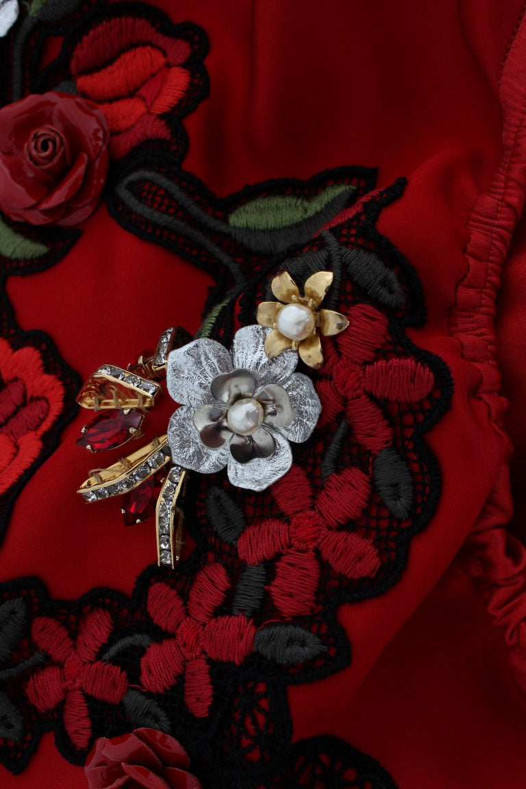 Dolce & Gabbana Red Silk Crystal Roses Shorts Dolce & Gabbana