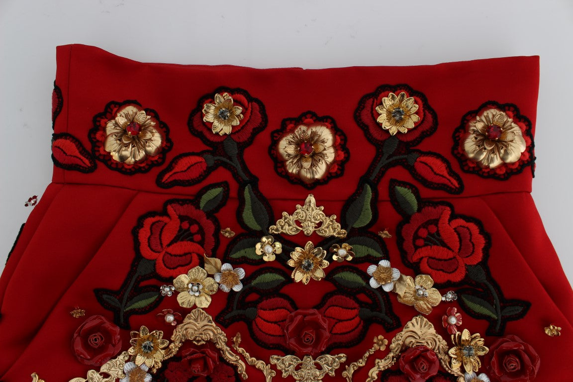 Dolce & Gabbana Red Silk Crystal Roses Shorts Dolce & Gabbana