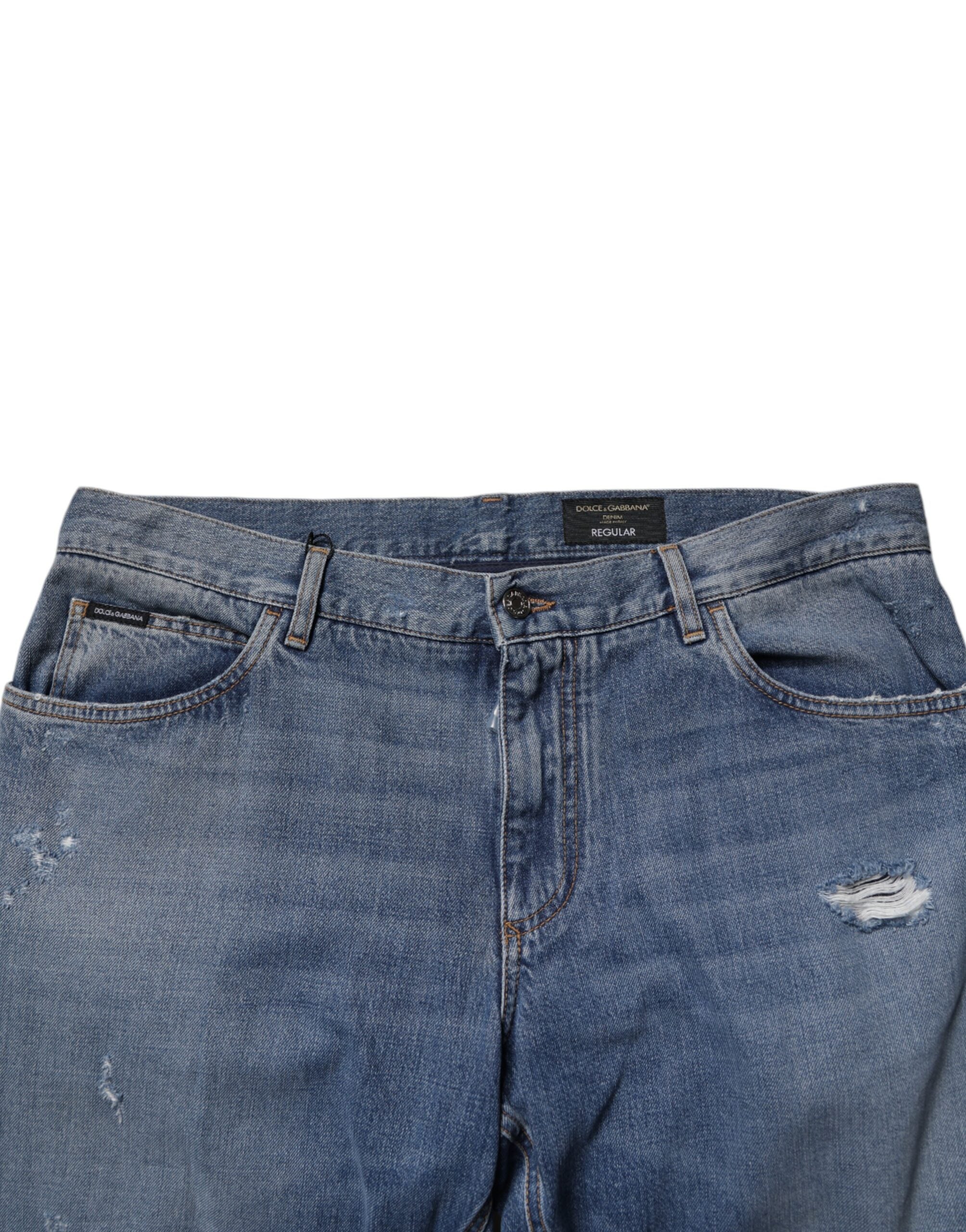 Dolce & Gabbana Blue Tattered Cotton Straight Denim Jeans Dolce & Gabbana