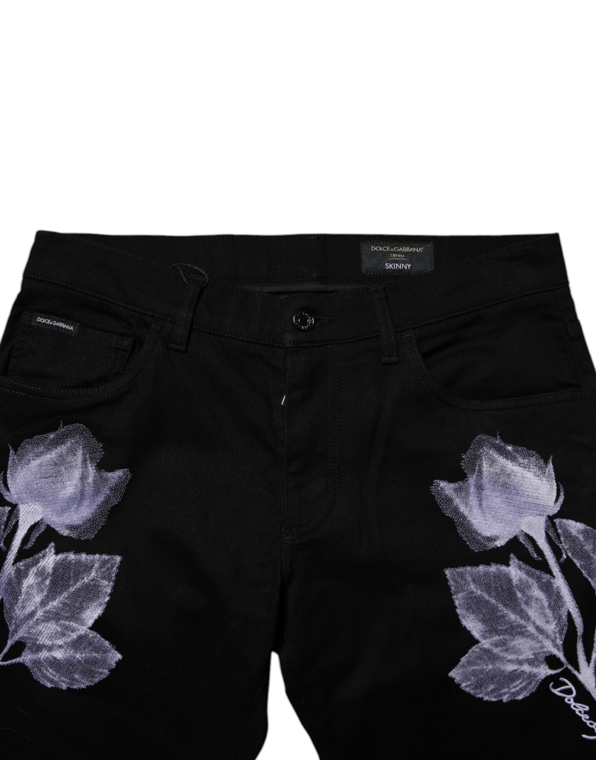 Dolce & Gabbana Black Floral Cotton Skinny Men Denim Jeans Dolce & Gabbana