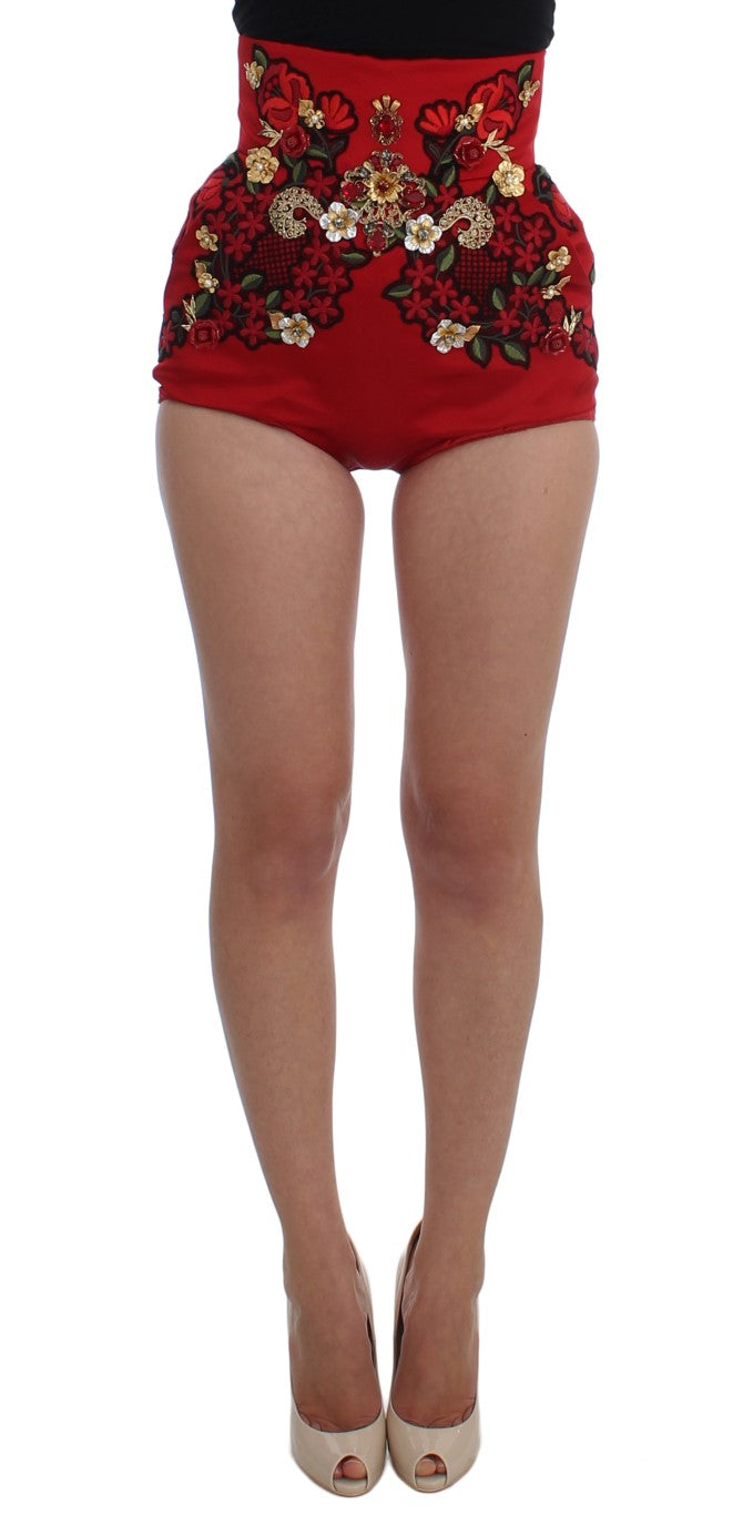 Dolce & Gabbana Red Silk Crystal Roses Shorts Dolce & Gabbana