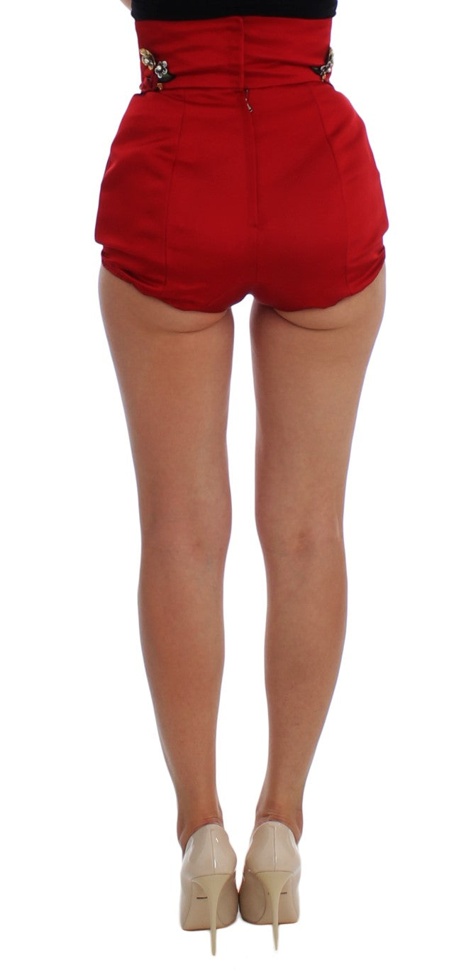 Dolce & Gabbana Red Silk Crystal Roses Shorts Dolce & Gabbana