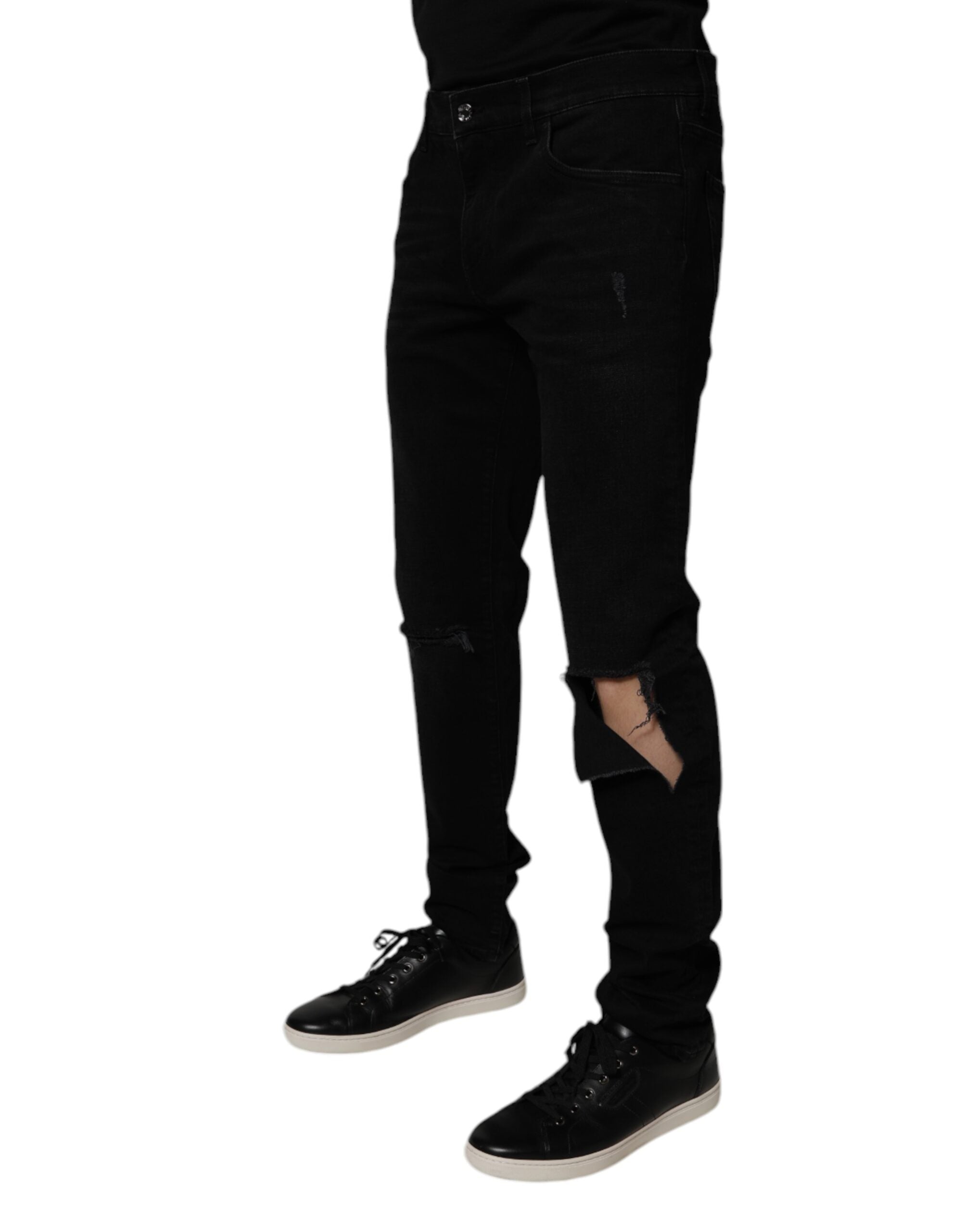 Dolce & Gabbana Black Cotton Tattered Skinny Men Denim Jeans Dolce & Gabbana