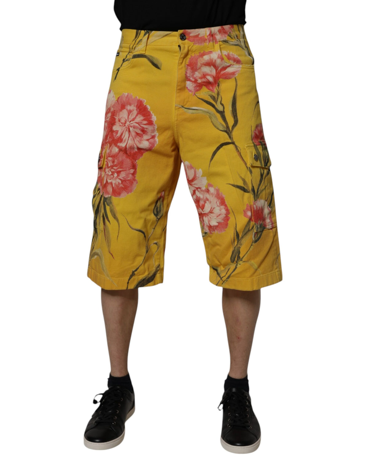 Dolce & Gabbana Yellow Floral Cargo Denim Men Bermuda Shorts