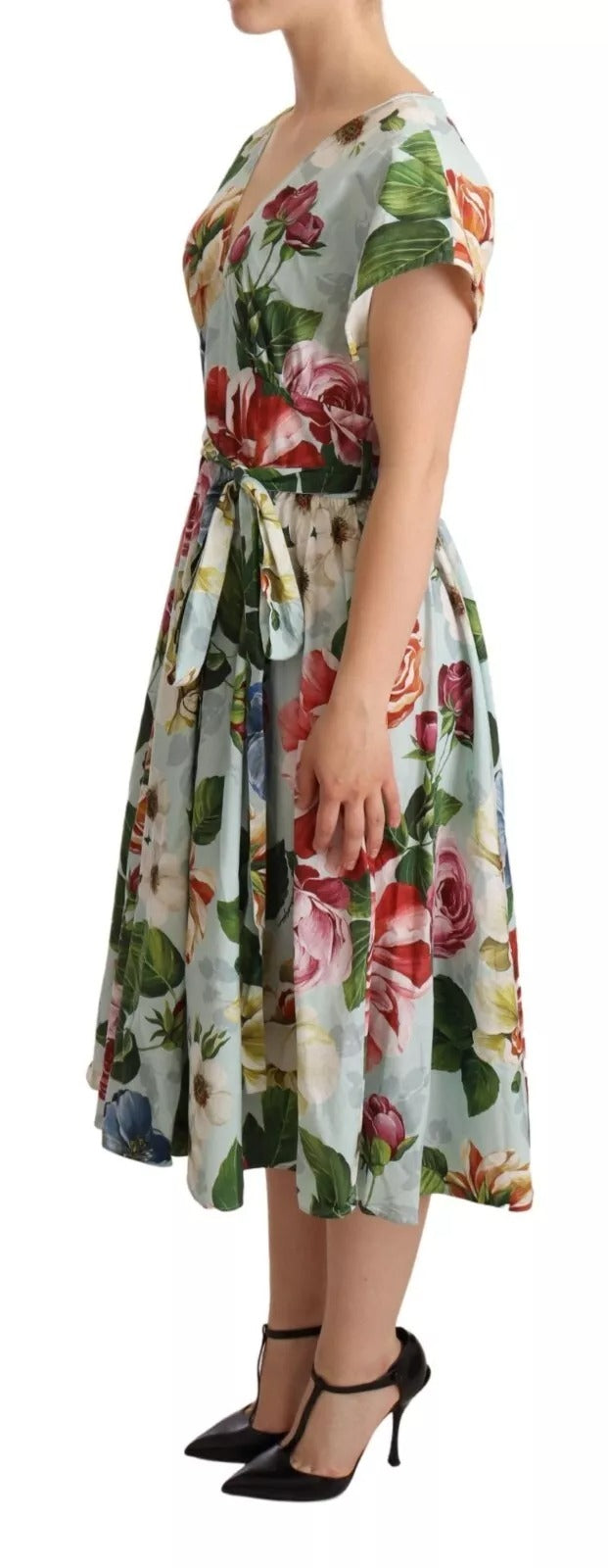 Dolce & Gabbana Green Floral Short Sleeves Cotton V-neck Dress Dolce & Gabbana