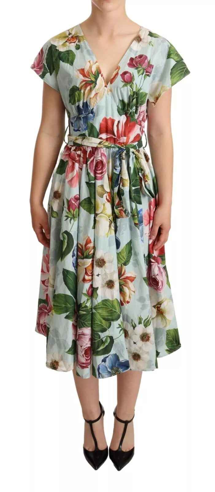 Dolce & Gabbana Green Floral Short Sleeves Cotton V-neck Dress Dolce & Gabbana