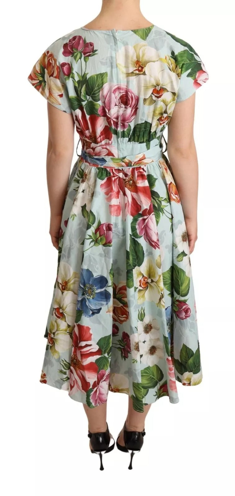 Dolce & Gabbana Green Floral Short Sleeves Cotton V-neck Dress Dolce & Gabbana
