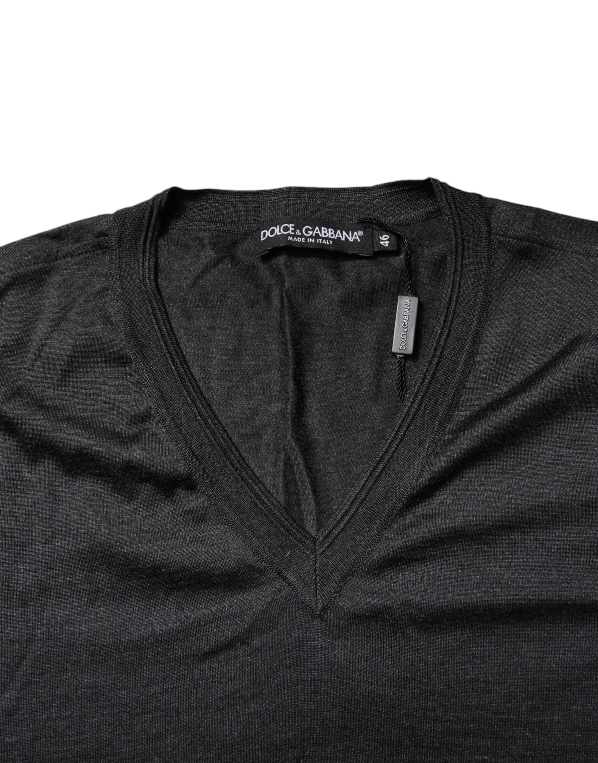 Dolce & Gabbana Dark Gray Silk V-neck Short Sleeves T-shirt Dolce & Gabbana