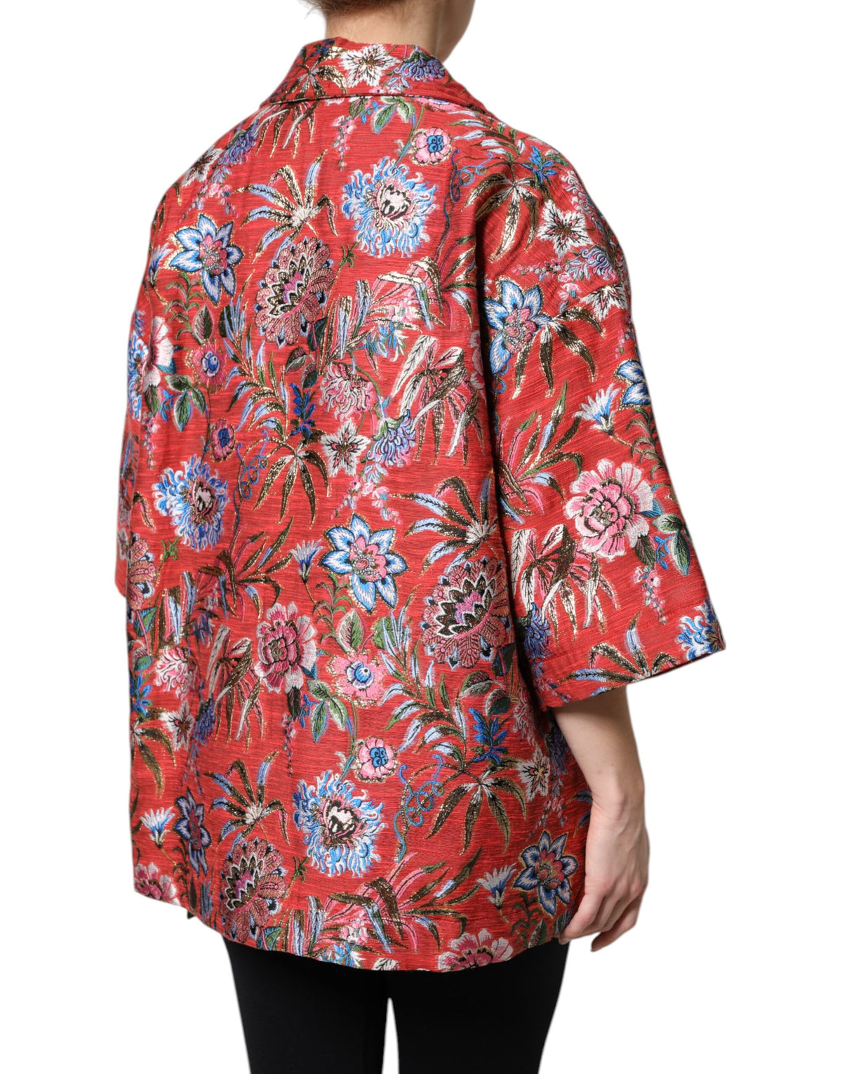 Dolce & Gabbana Red Floral Jacquard Button Down Coat Jacket