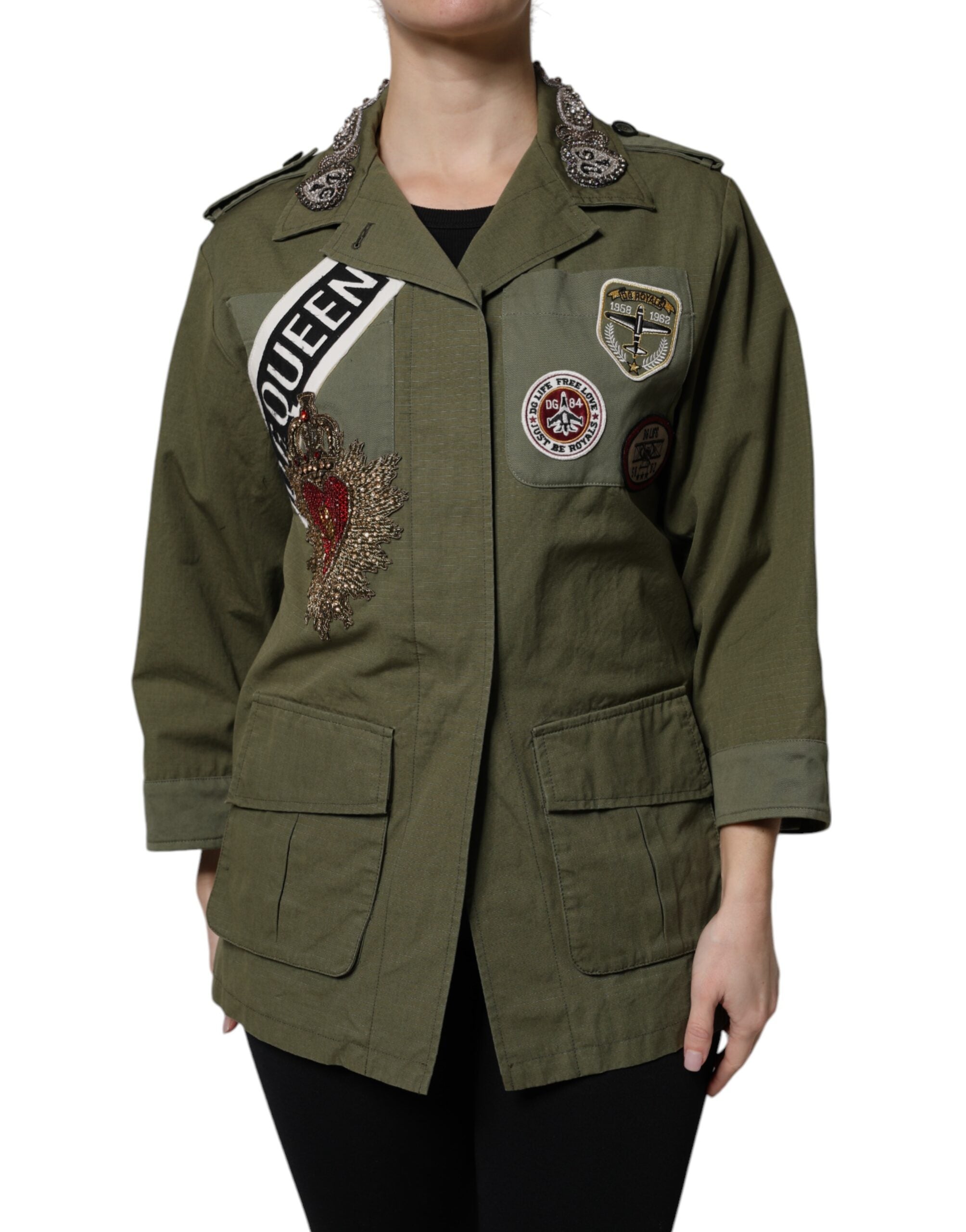Dolce & Gabbana Military Green Queen Embellished Coat Jacket Dolce & Gabbana