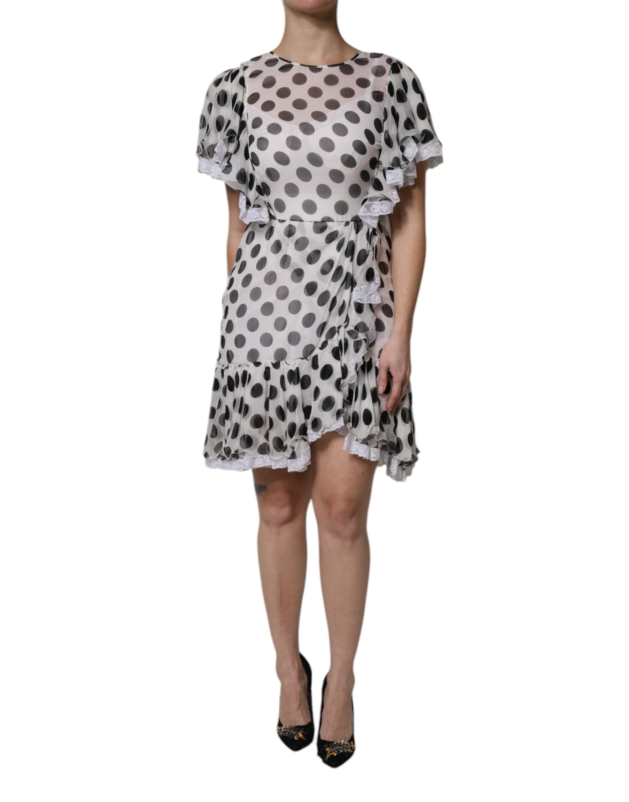 Dolce & Gabbana White Polka Dotted Silk Blend A-line Dress Dolce & Gabbana
