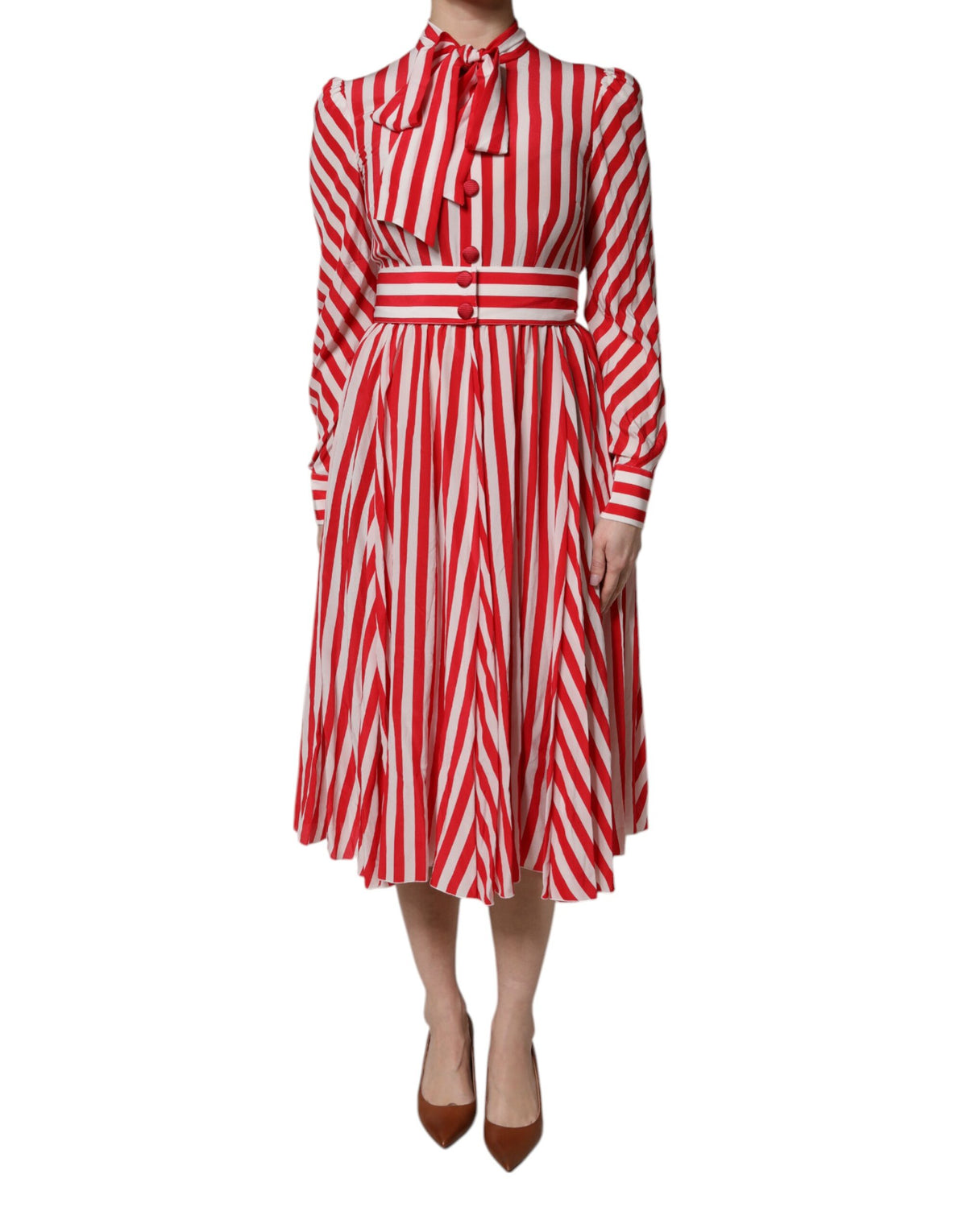 Dolce & Gabbana White Red Stripes Long Sleeves Midi Dress
